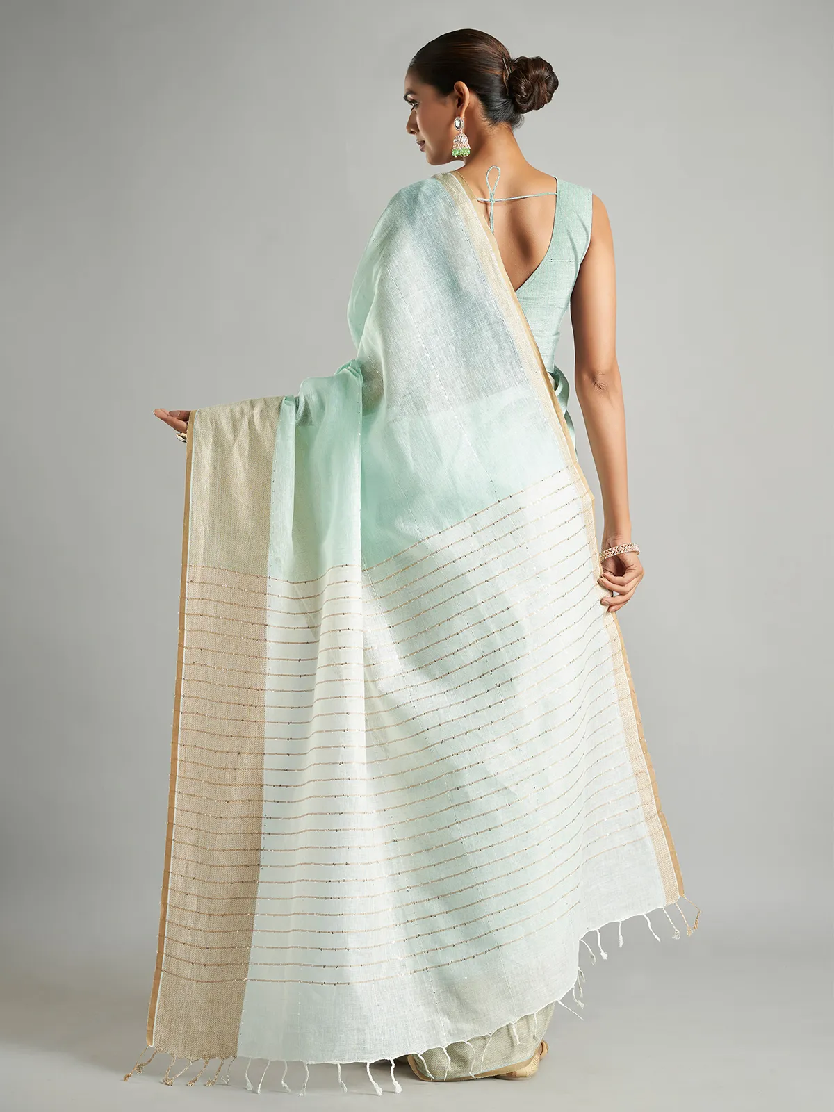 Mint green plain cotton linen saree