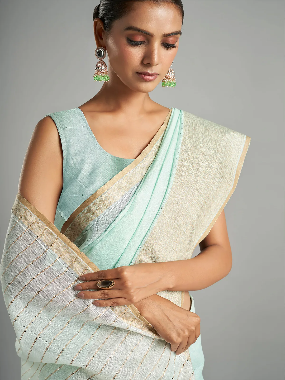 Mint green plain cotton linen saree