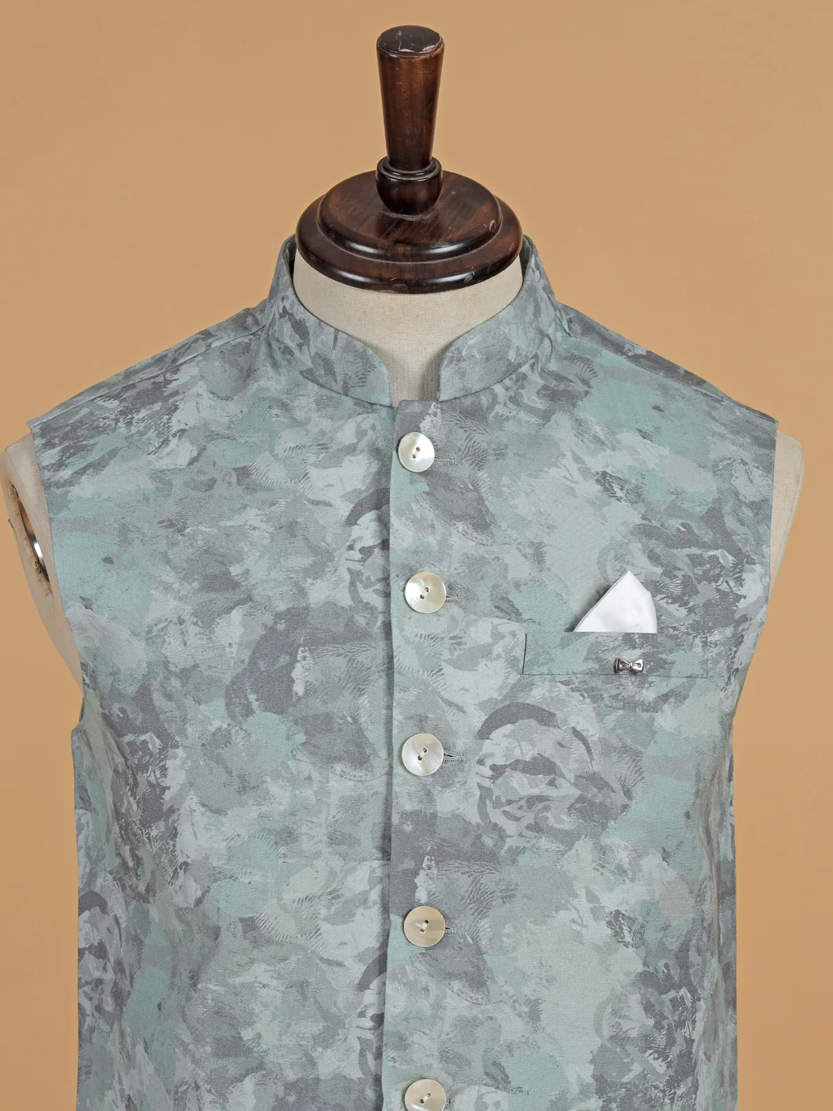 Mint green printed cotton waistcoat for men