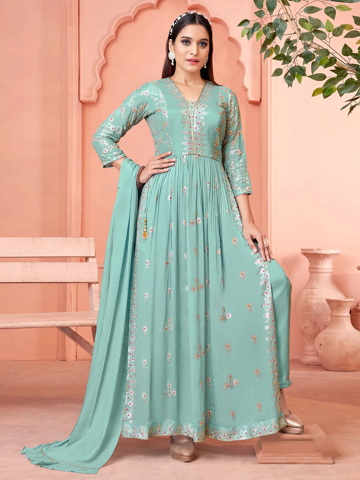 Mint green silk salwar suit with dupatta