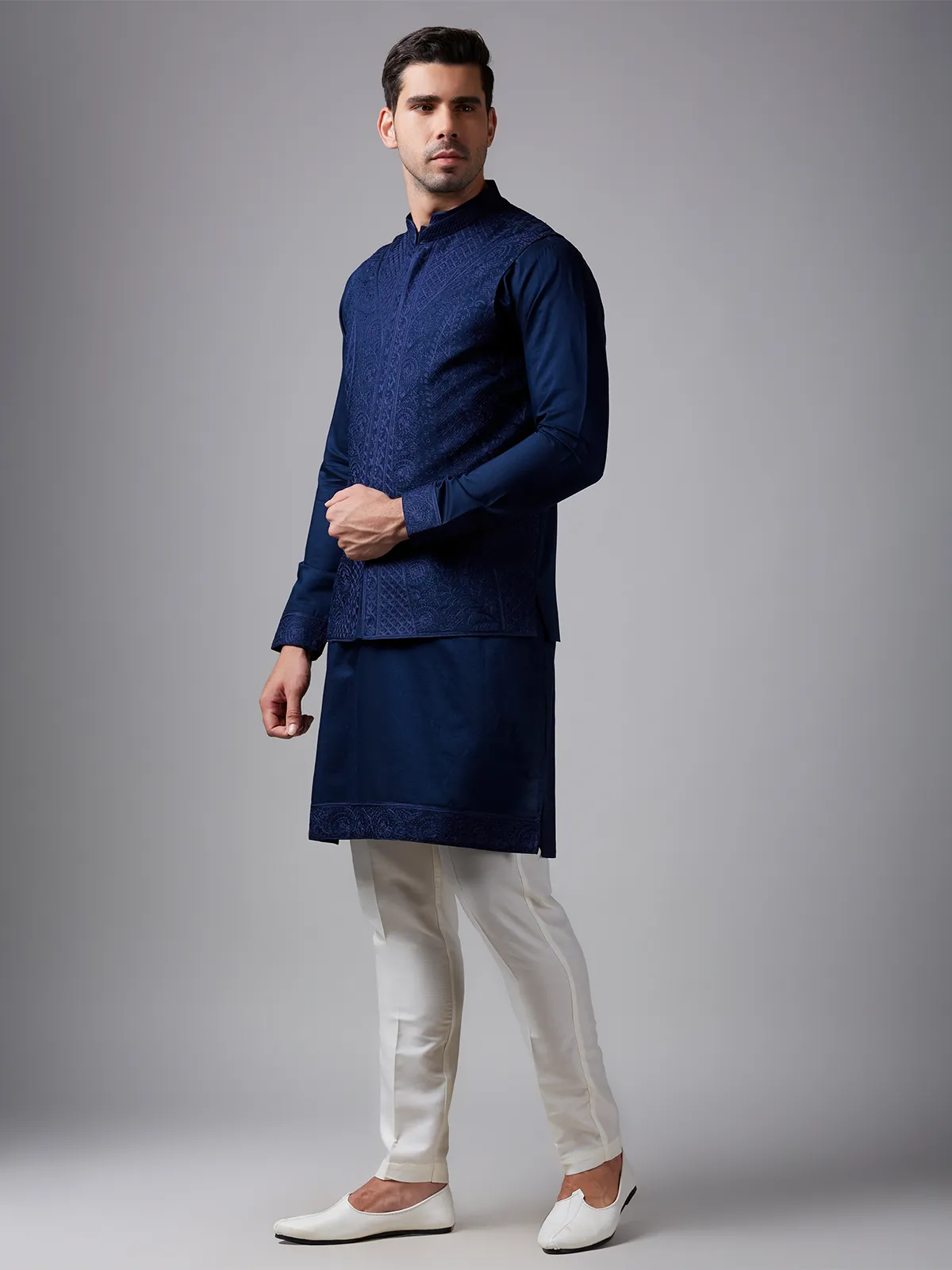 Dashing navy silk embroidery waistcoat set