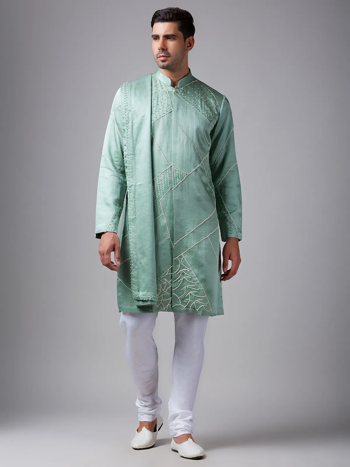 Elegant sea green silk  Men Kurta pajama