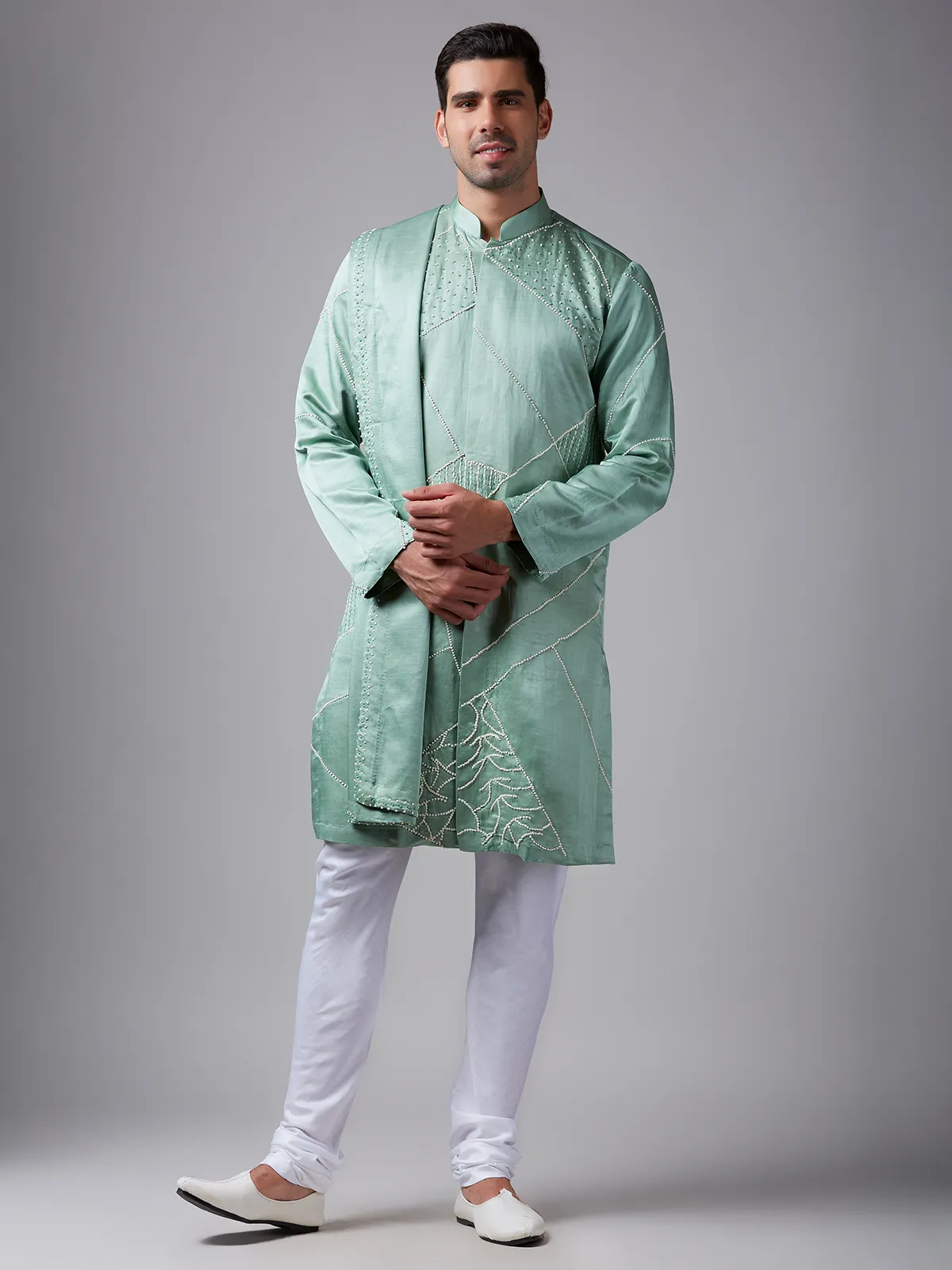 Elegant sea green silk  Men Kurta pajama