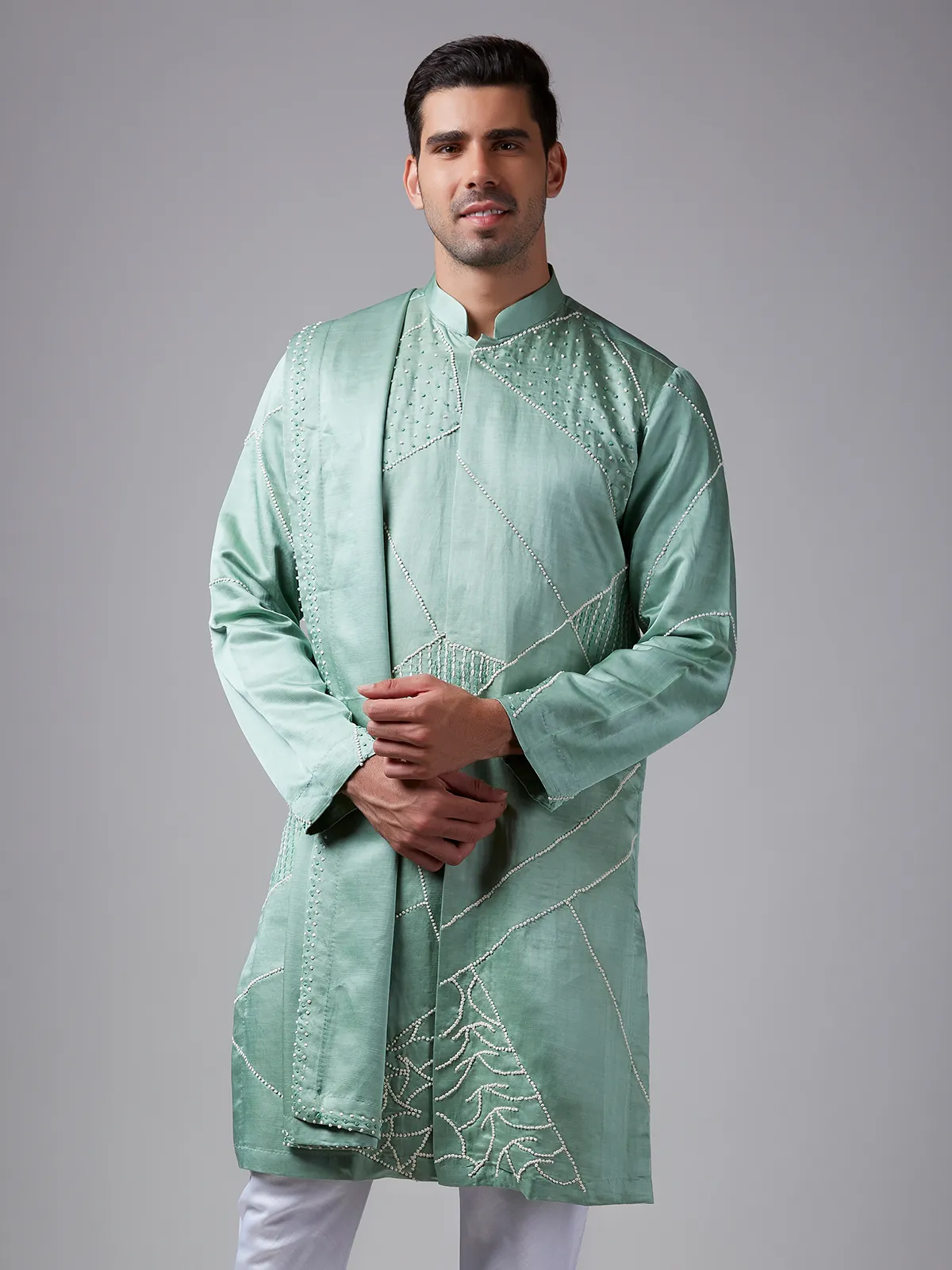 Elegant sea green silk  Men Kurta pajama