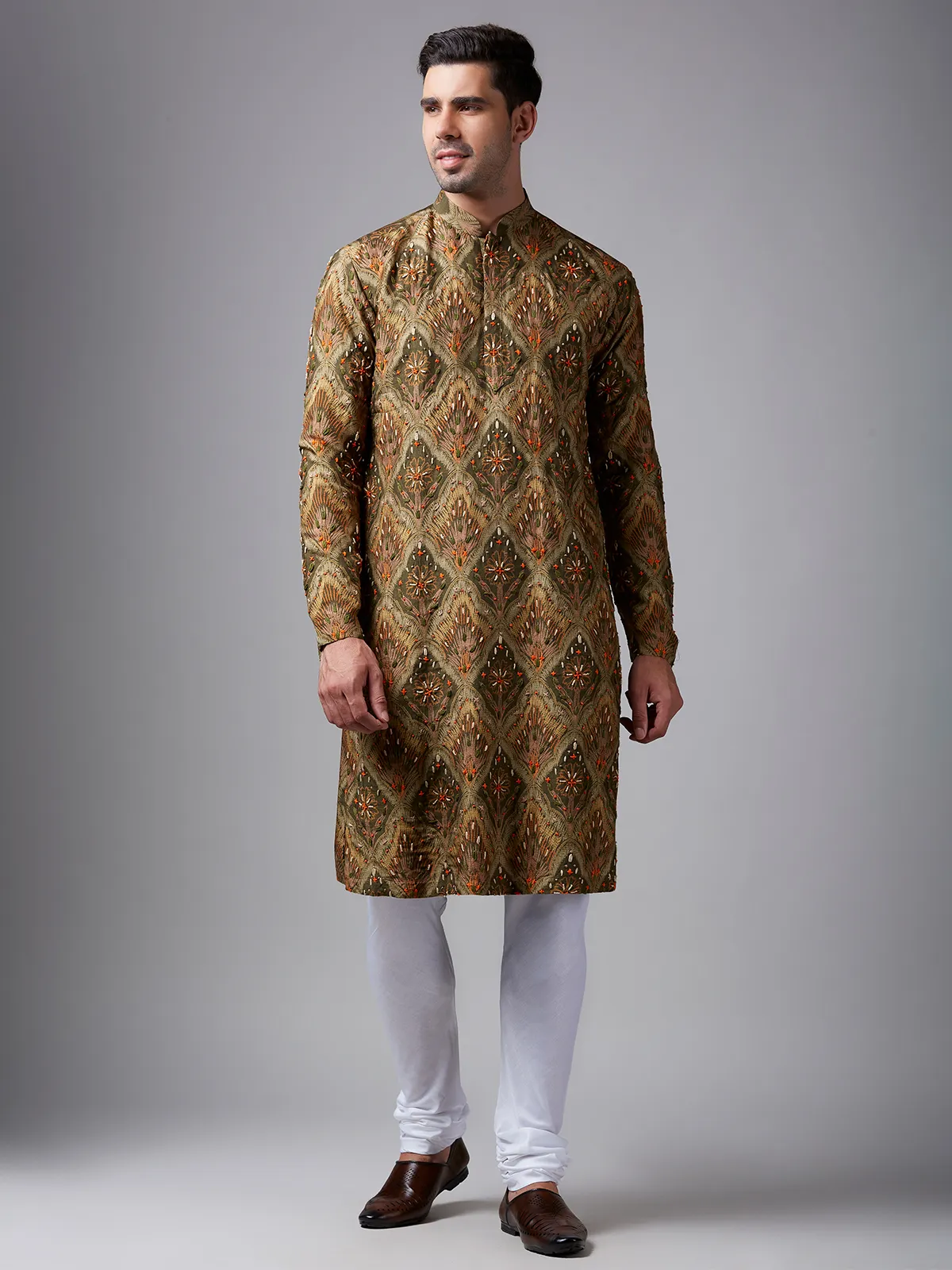 Olive printed silk kurta suit with handwork