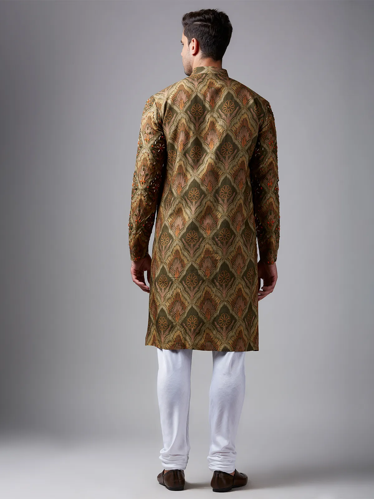 Olive printed silk kurta suit with handwork