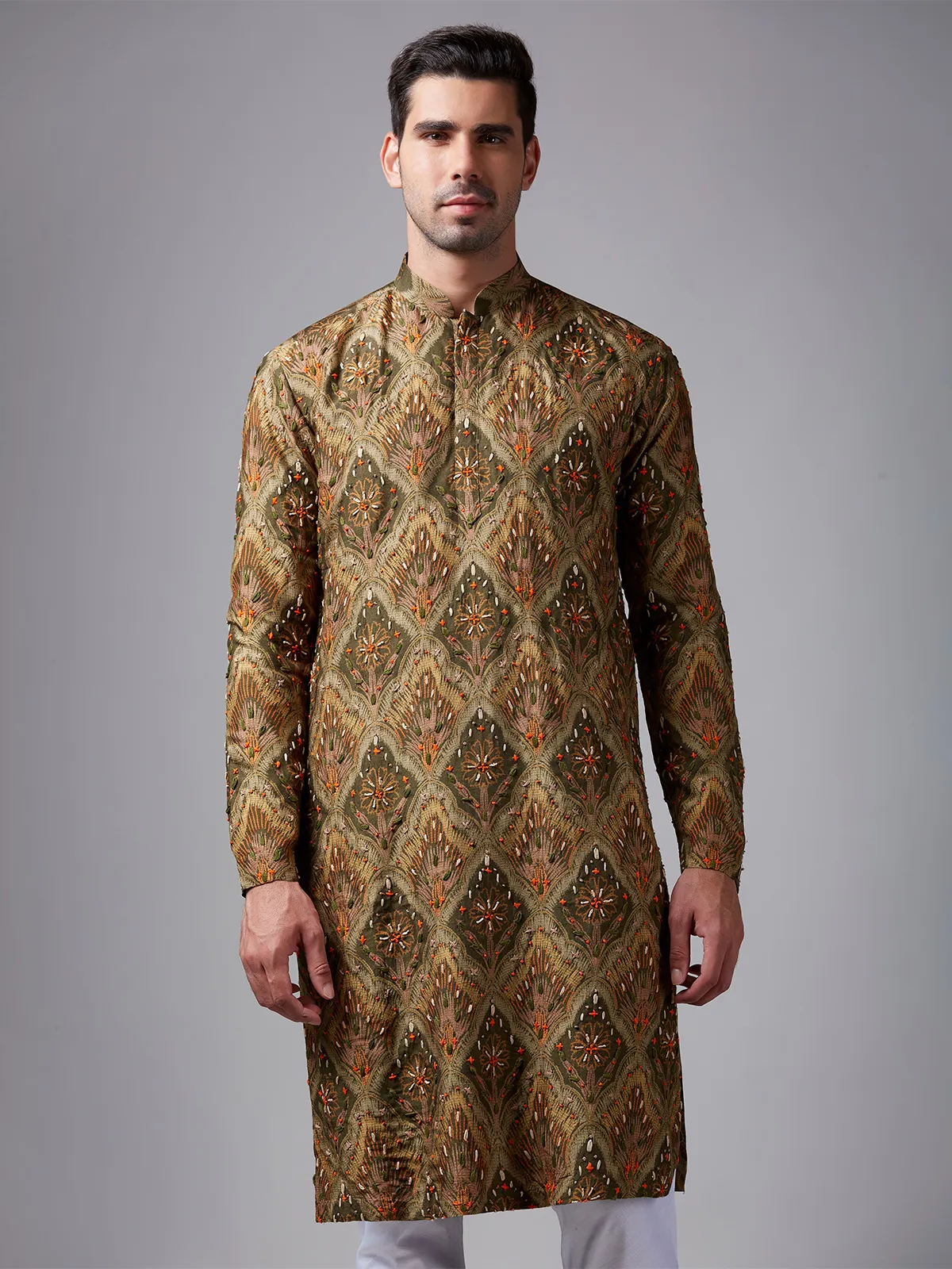 Olive printed silk kurta suit with handwork