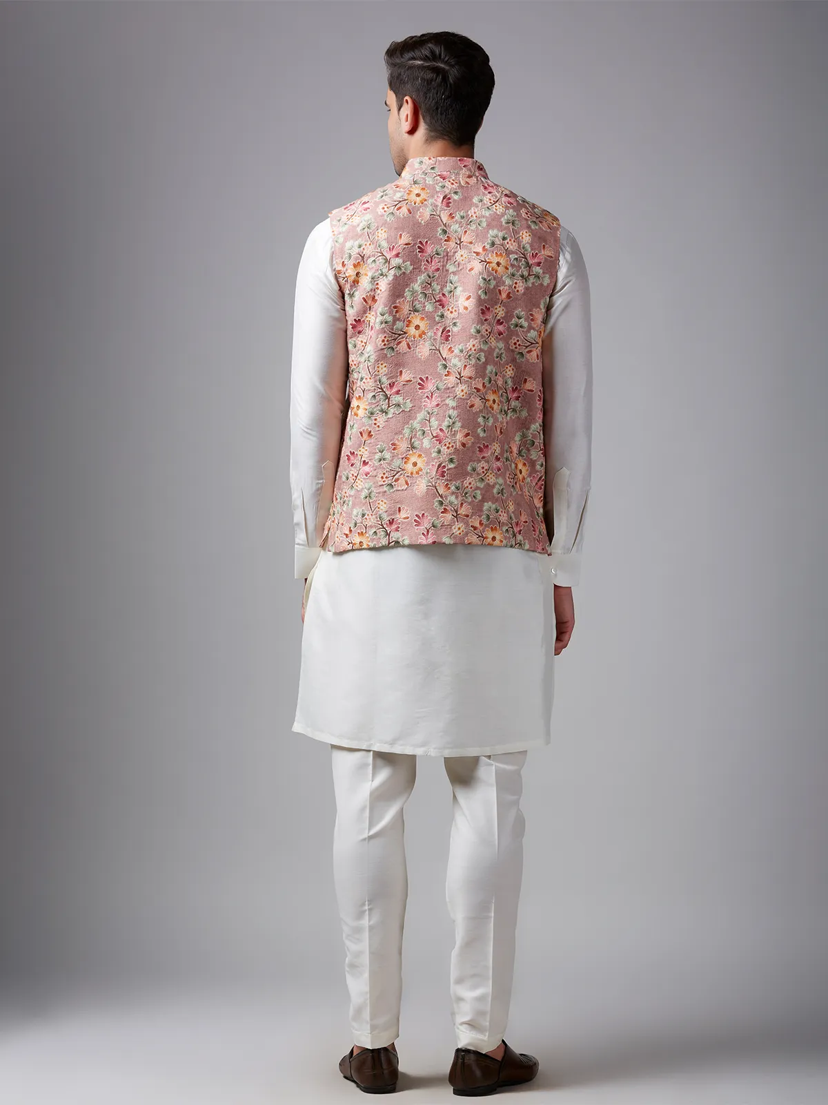 Stunning peach silk embroidery waistcoat set