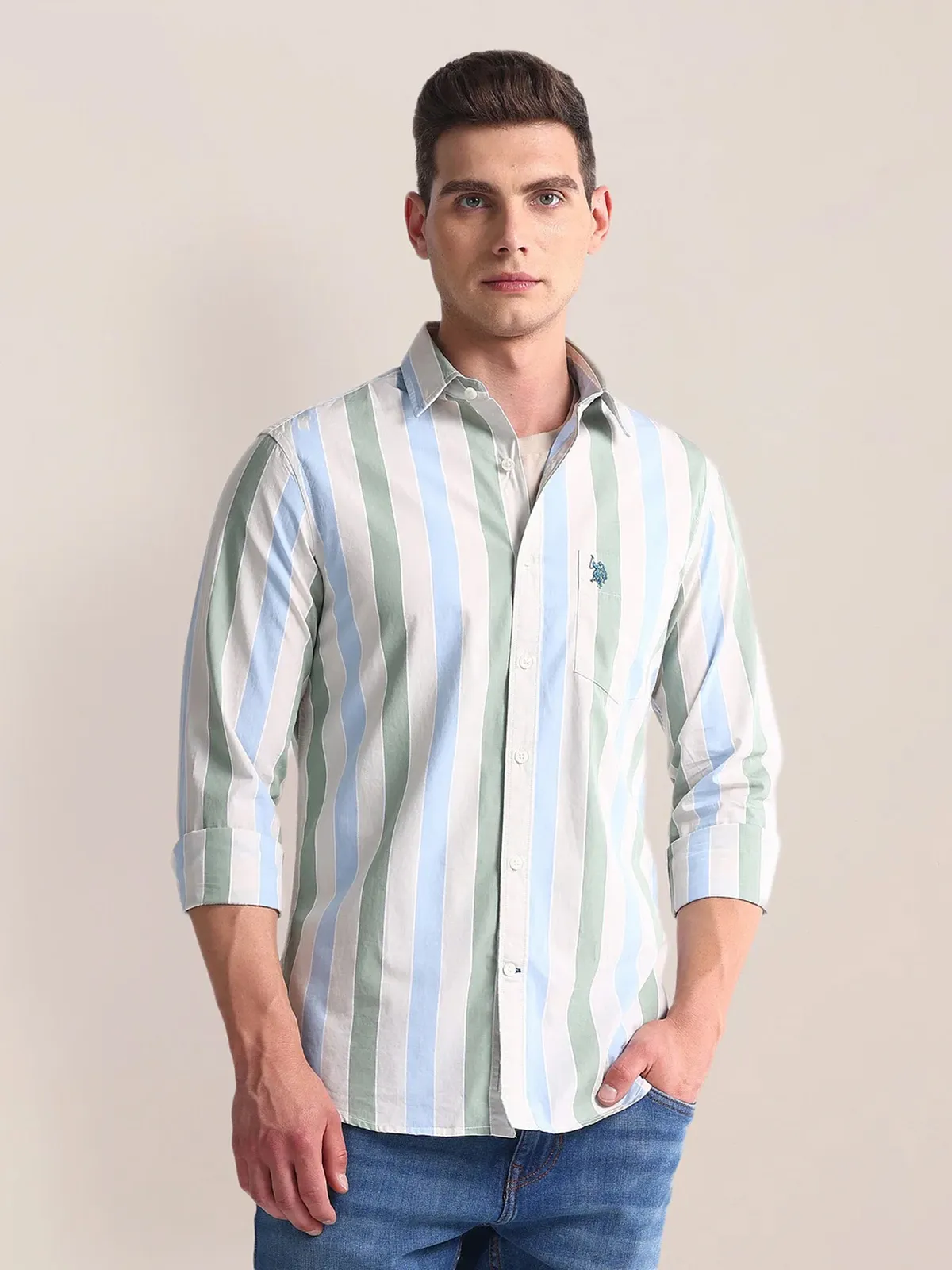 U S POLO ASSN beige cotton stripe shirt