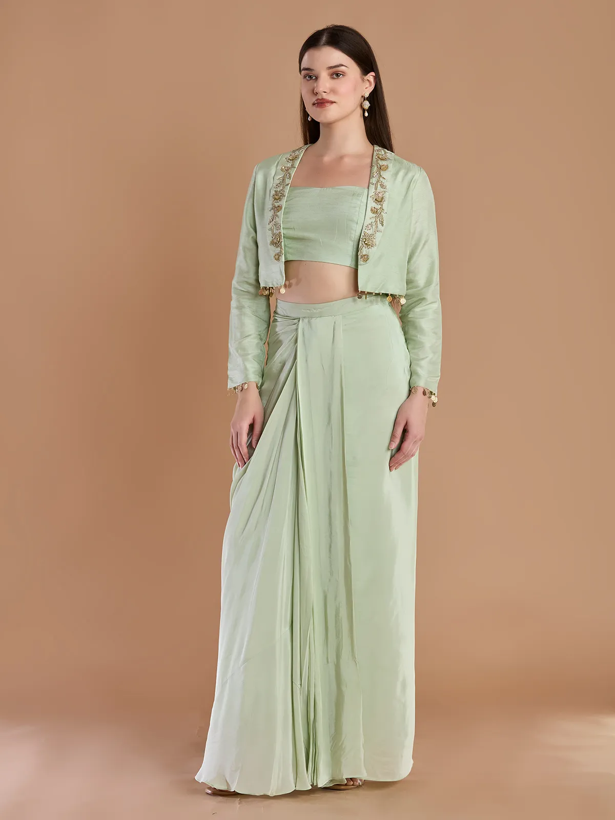 Modern sage green crepe designer jacket skirt ensemble