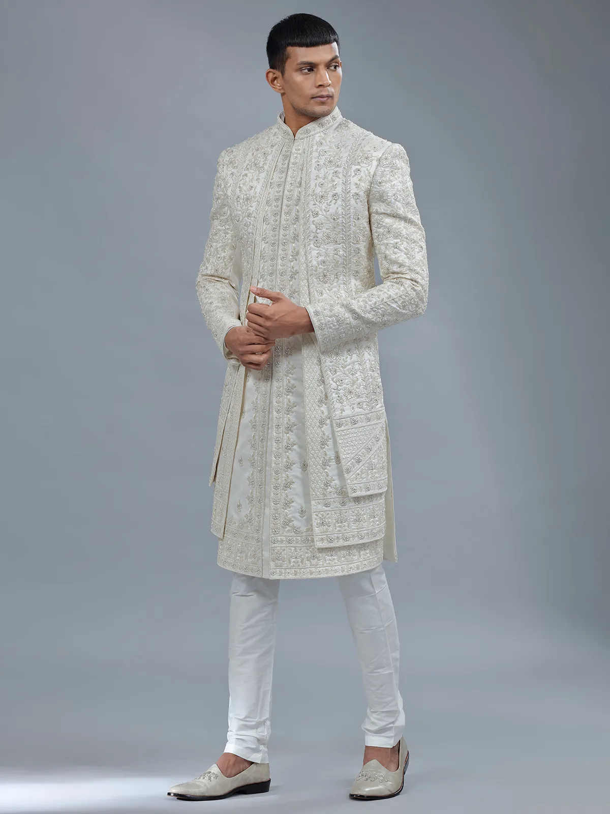 Modern white jacket style silk sherwani
