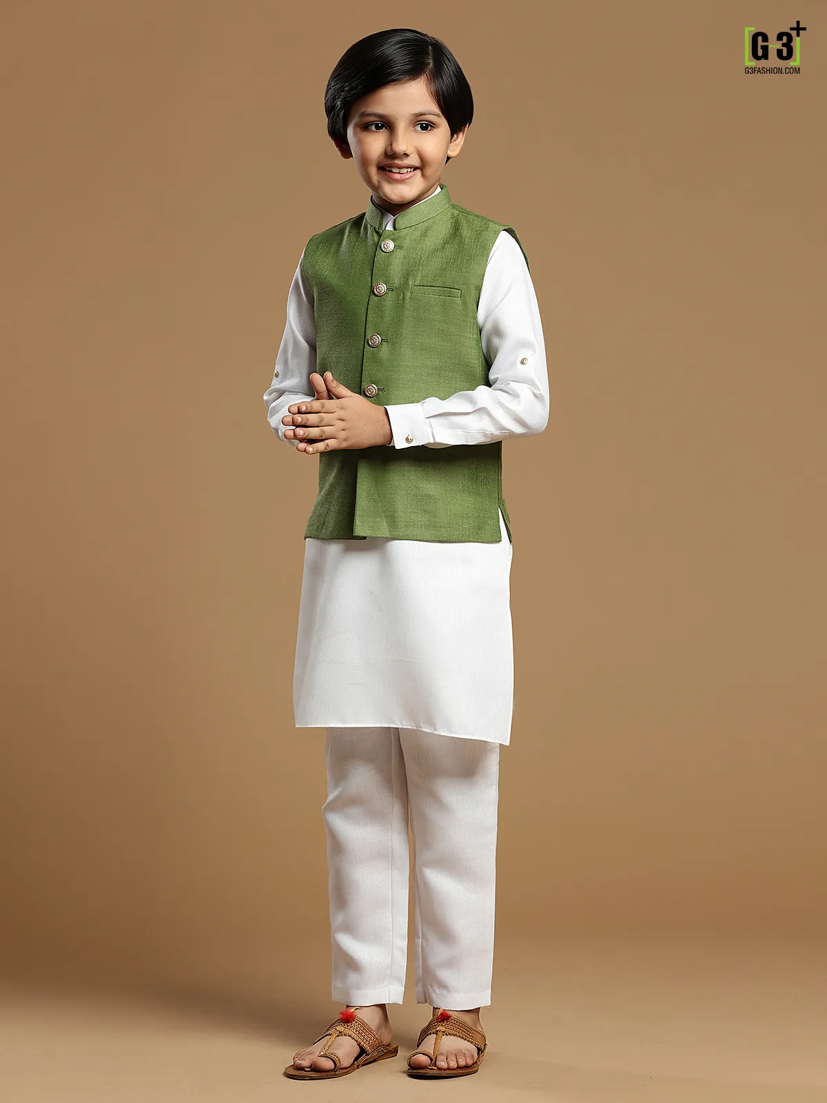 Moss green color cotton silk boys waistcoat set