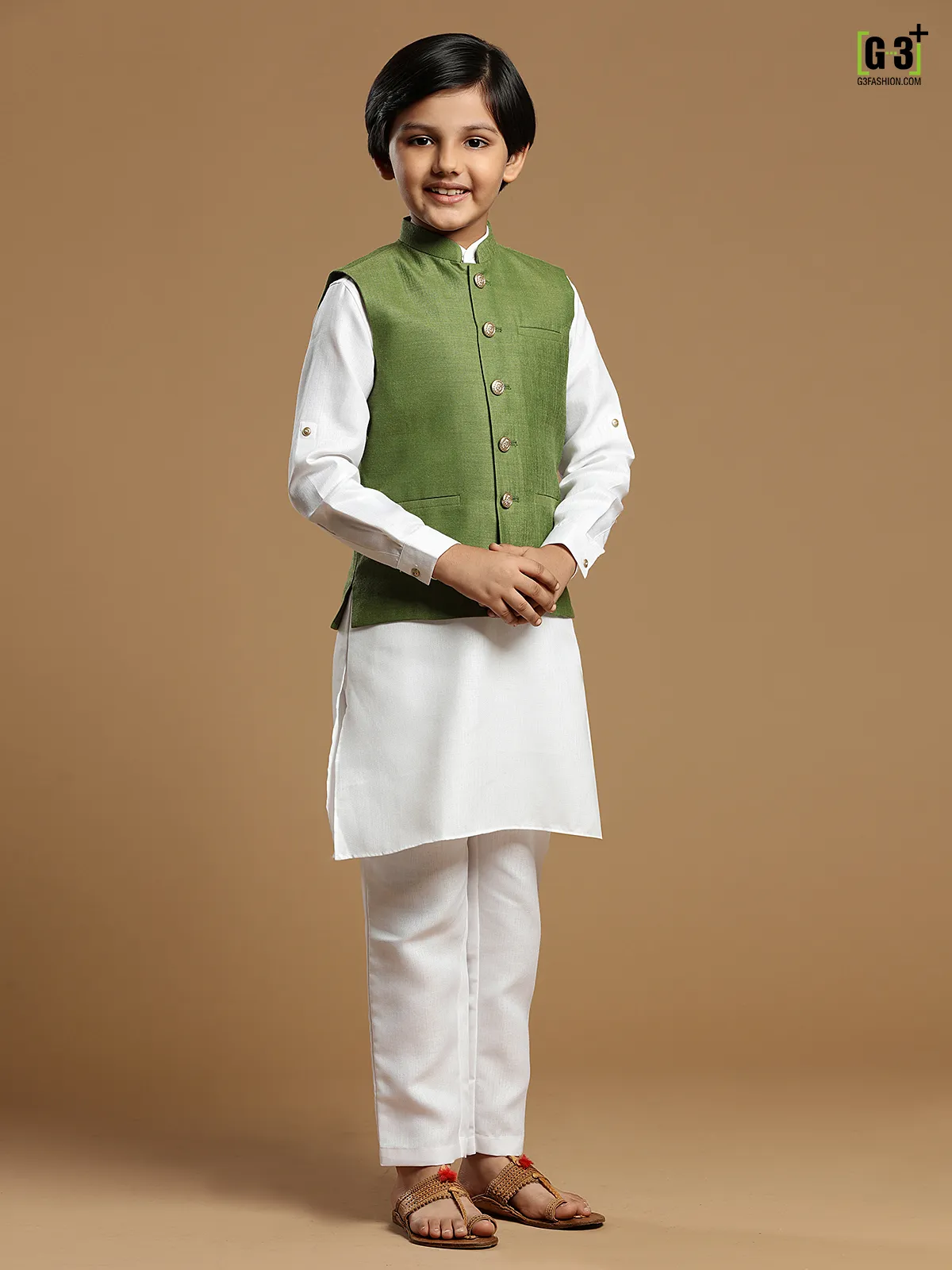 Moss green color cotton silk boys waistcoat set