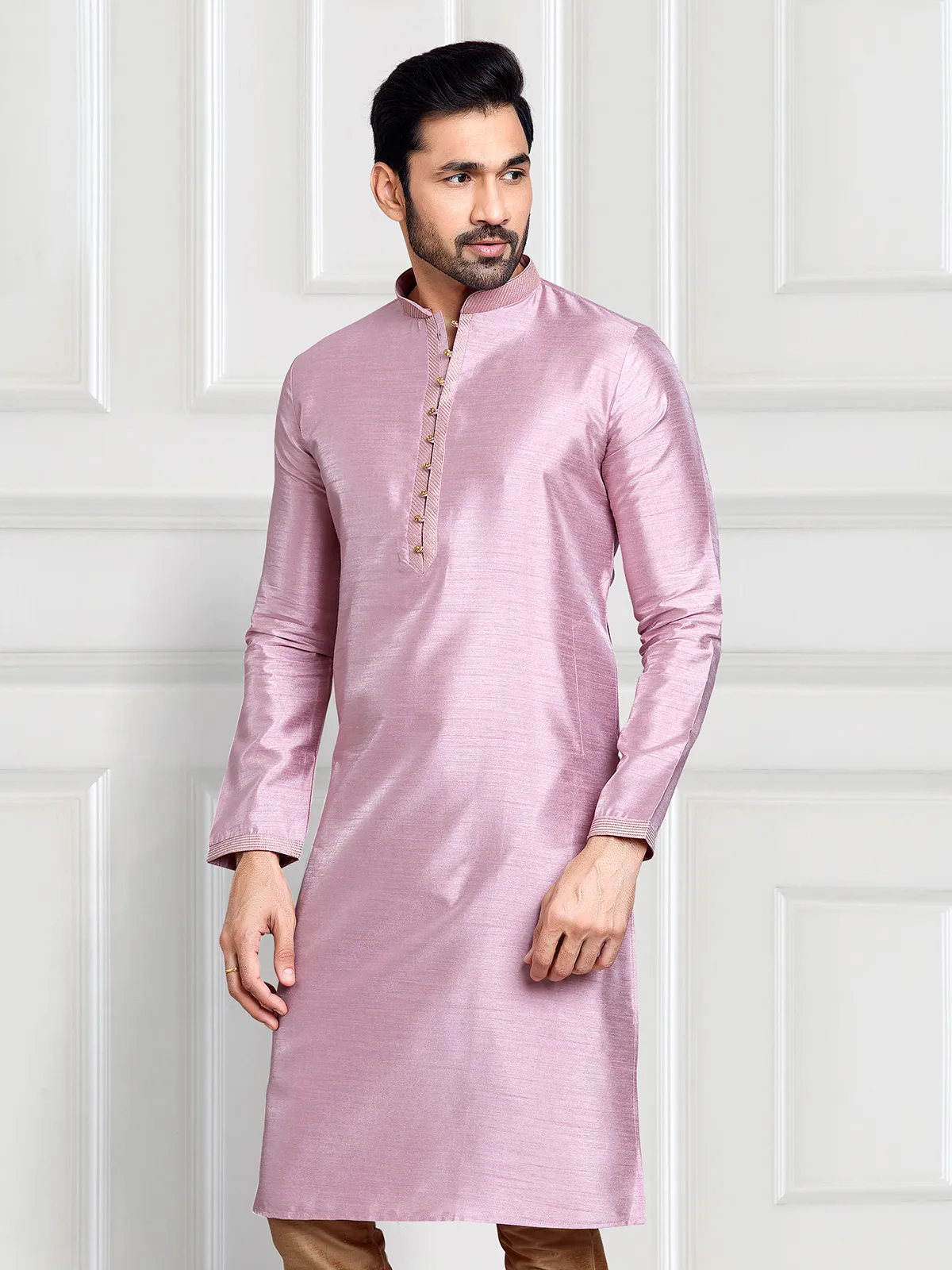 Muave pink art silk plain kurta suit