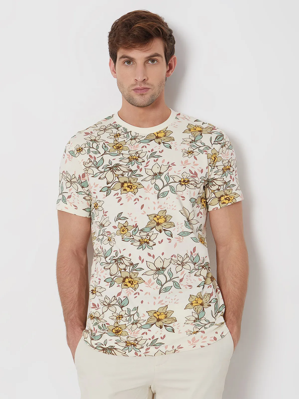 Mufti floral printed cream t-shirt