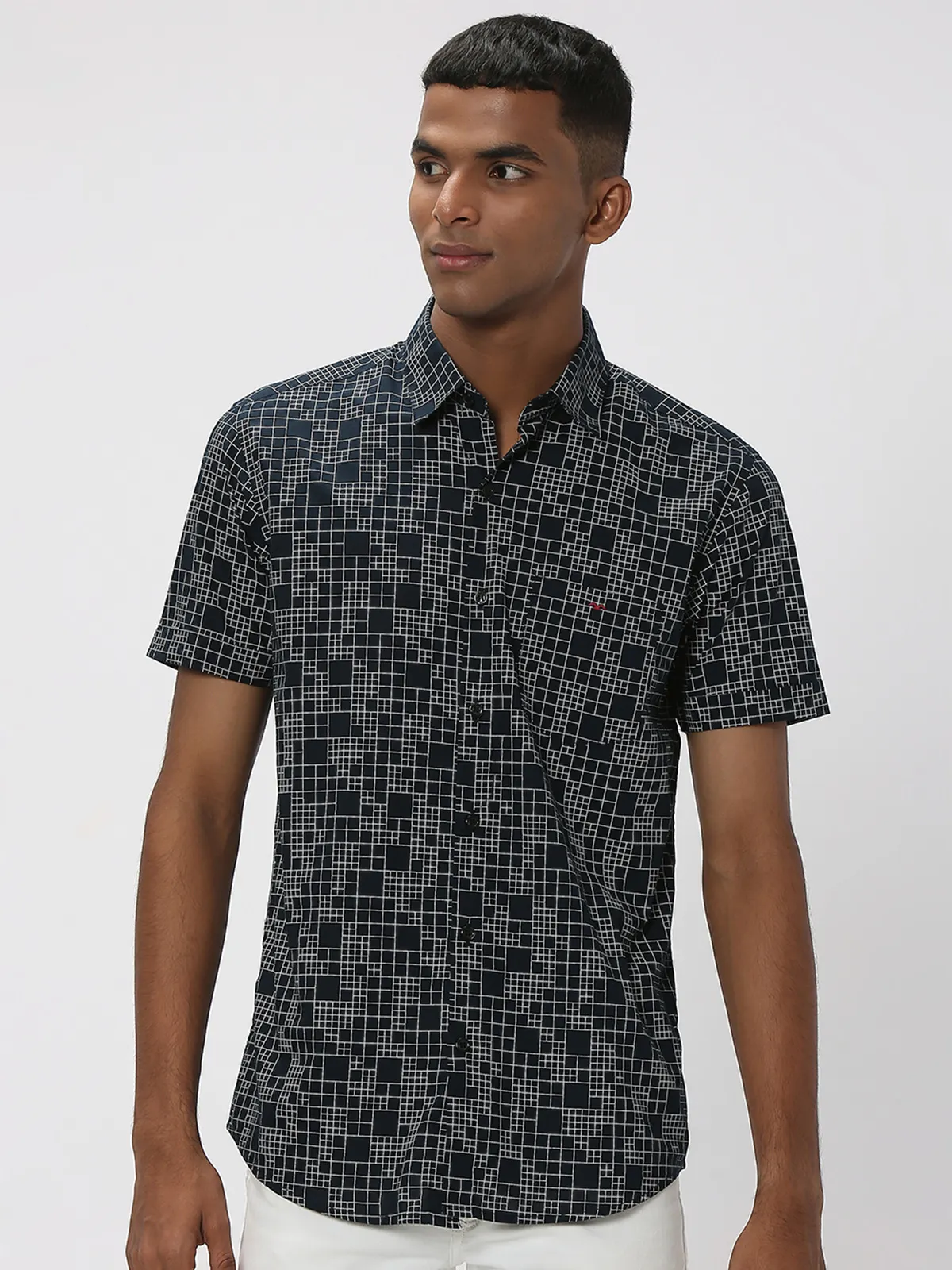 Mufti navy cotton printed shirt