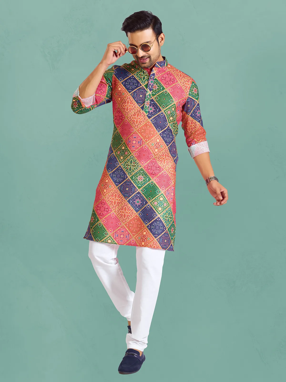 Multi color bandhej printed cotton kurta