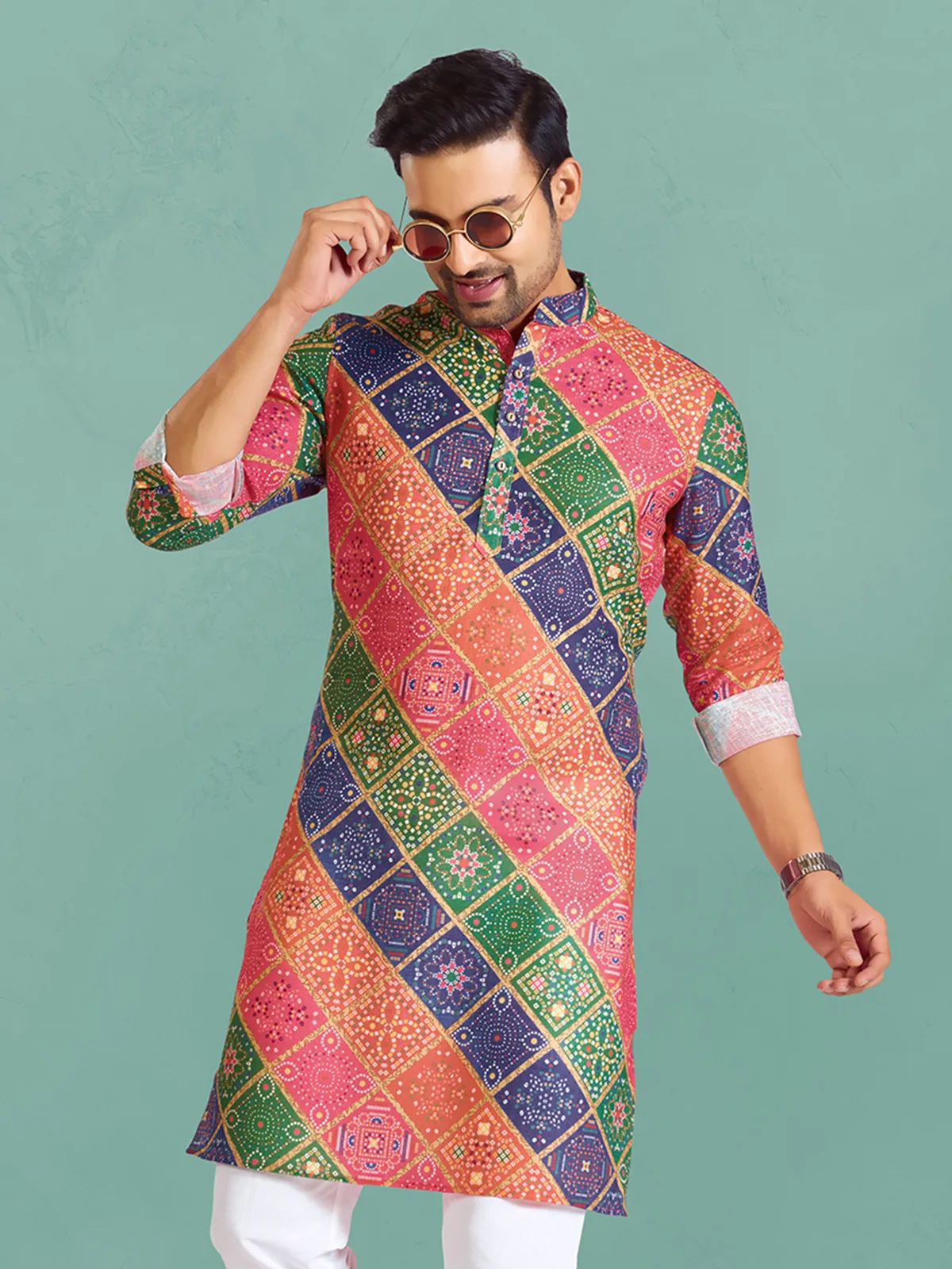 Multi color bandhej printed cotton kurta