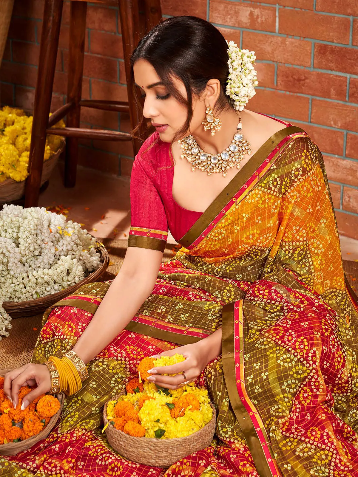 Multi color bandhej printed saree