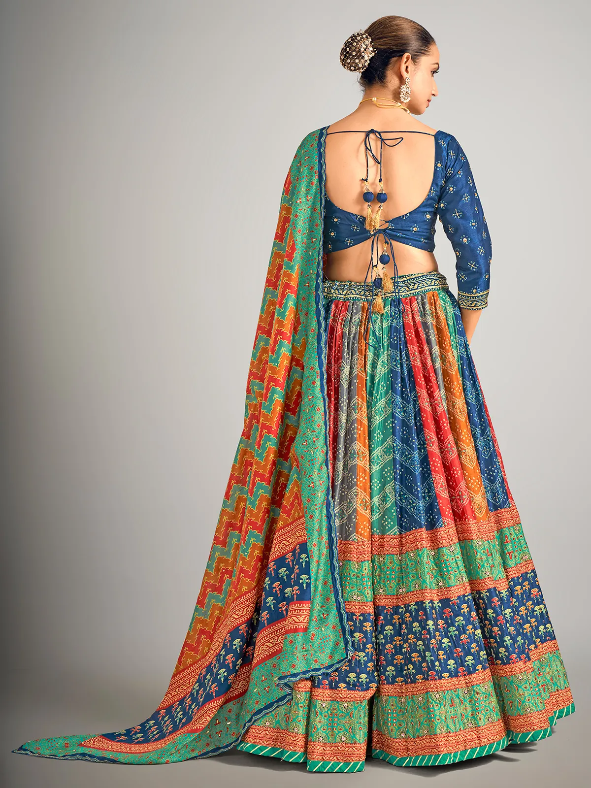 Multi color bandhej silk lahenga choli for wedding