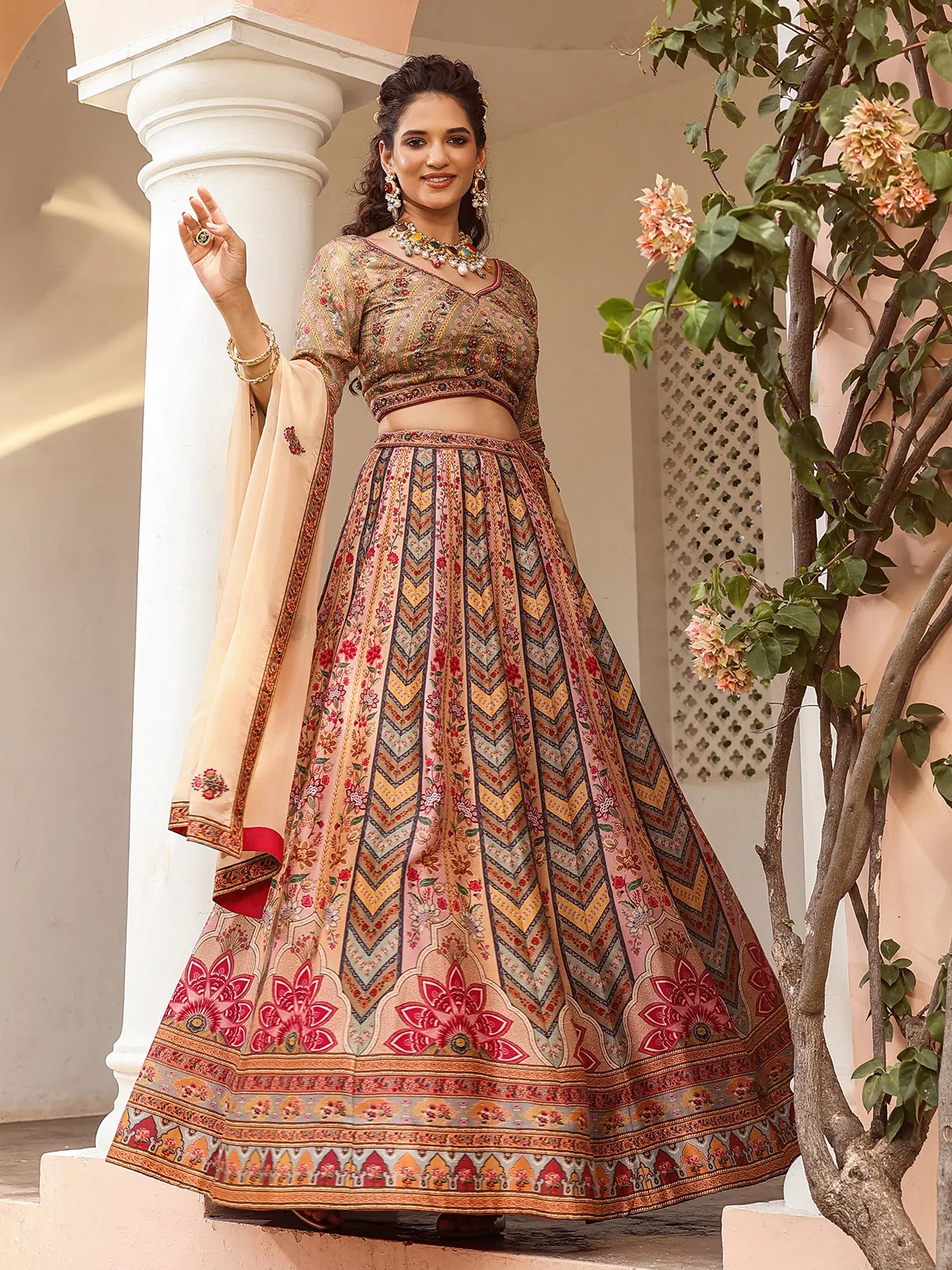 Multi color printed raw silk lehenga choli