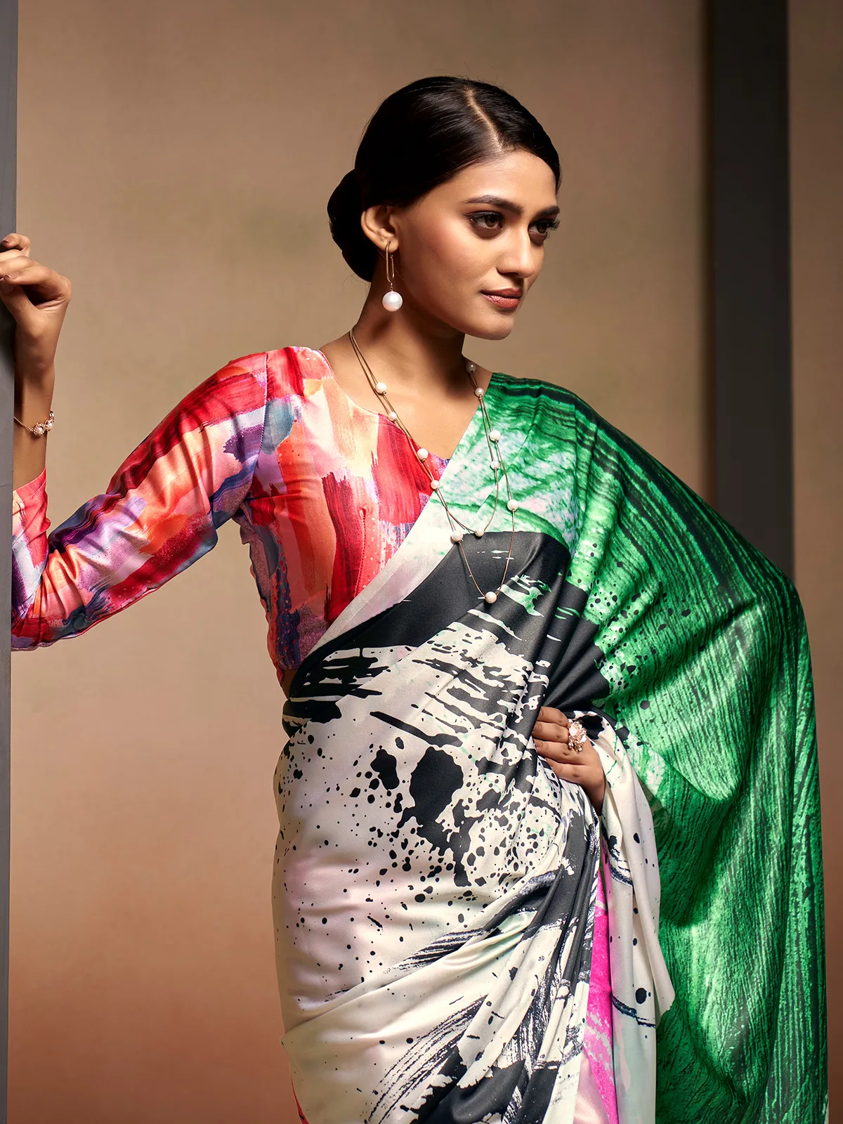 Multi color satin crepe printed saree