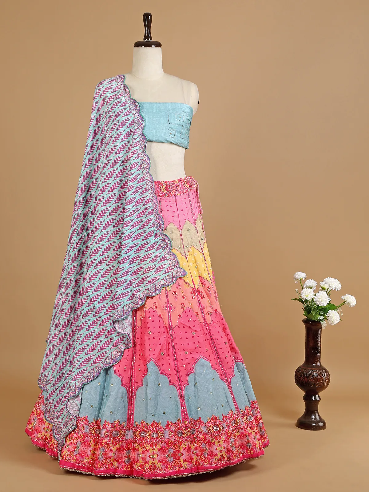 Multi color silk printed unstitched lehenga choli