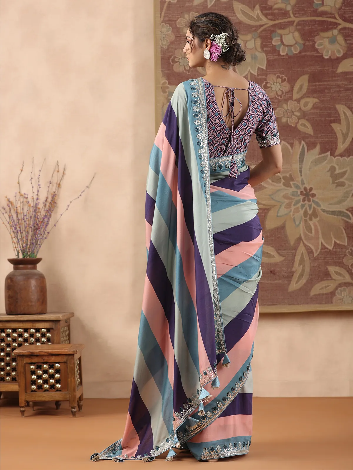 Multi color stripe muslin saree for festive