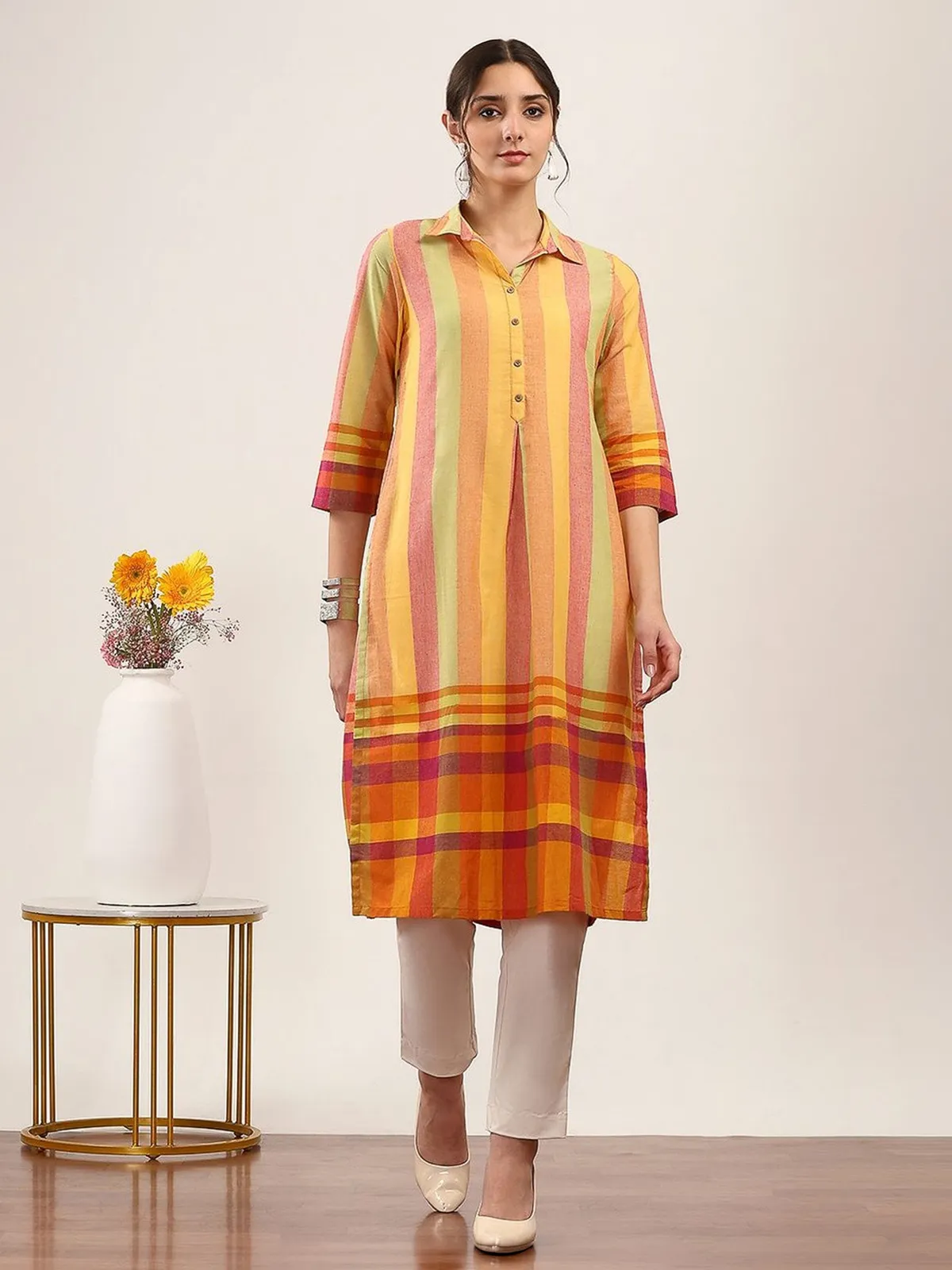 Multicolor cotton printed collar neck casual kurti
