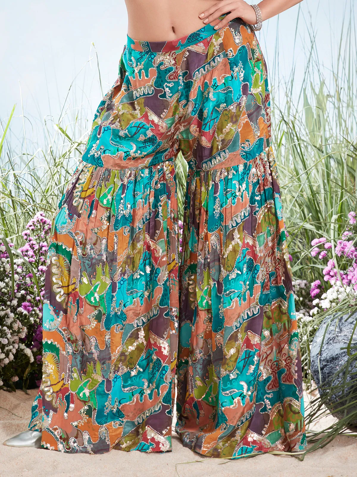 Multicolor mirror work crepe silk sharara suit
