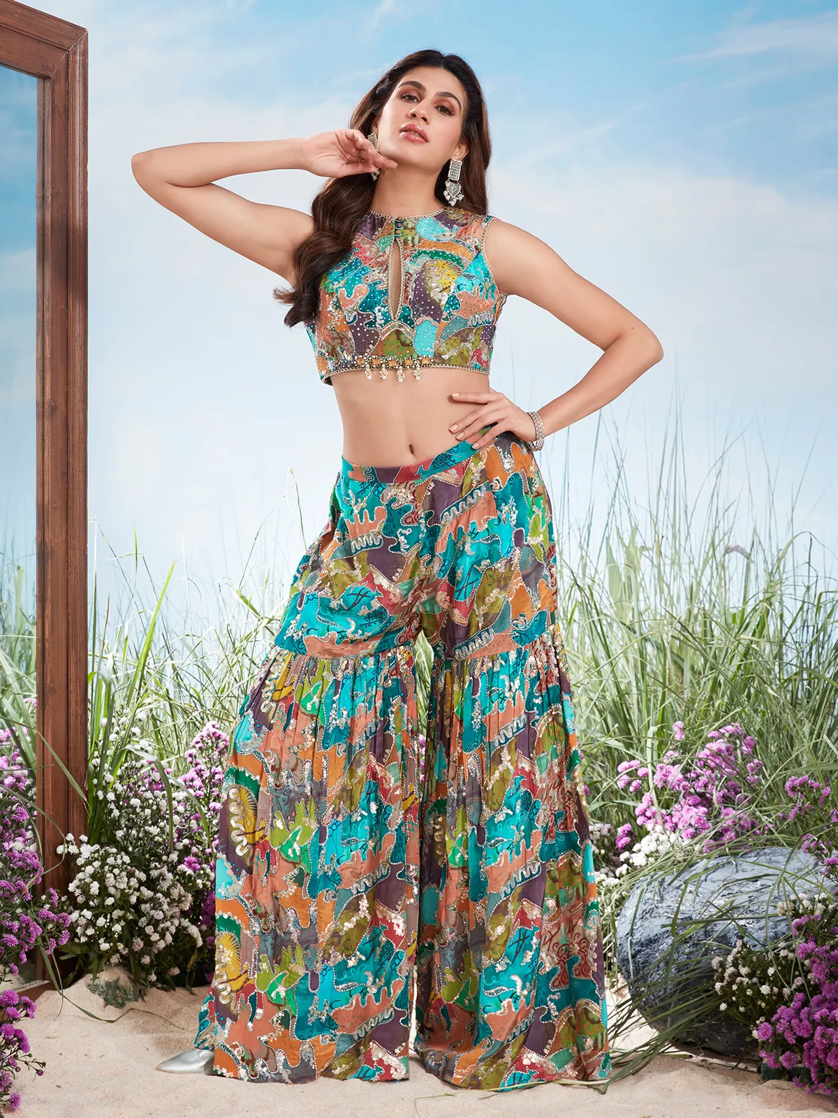 Multicolor mirror work crepe silk sharara suit