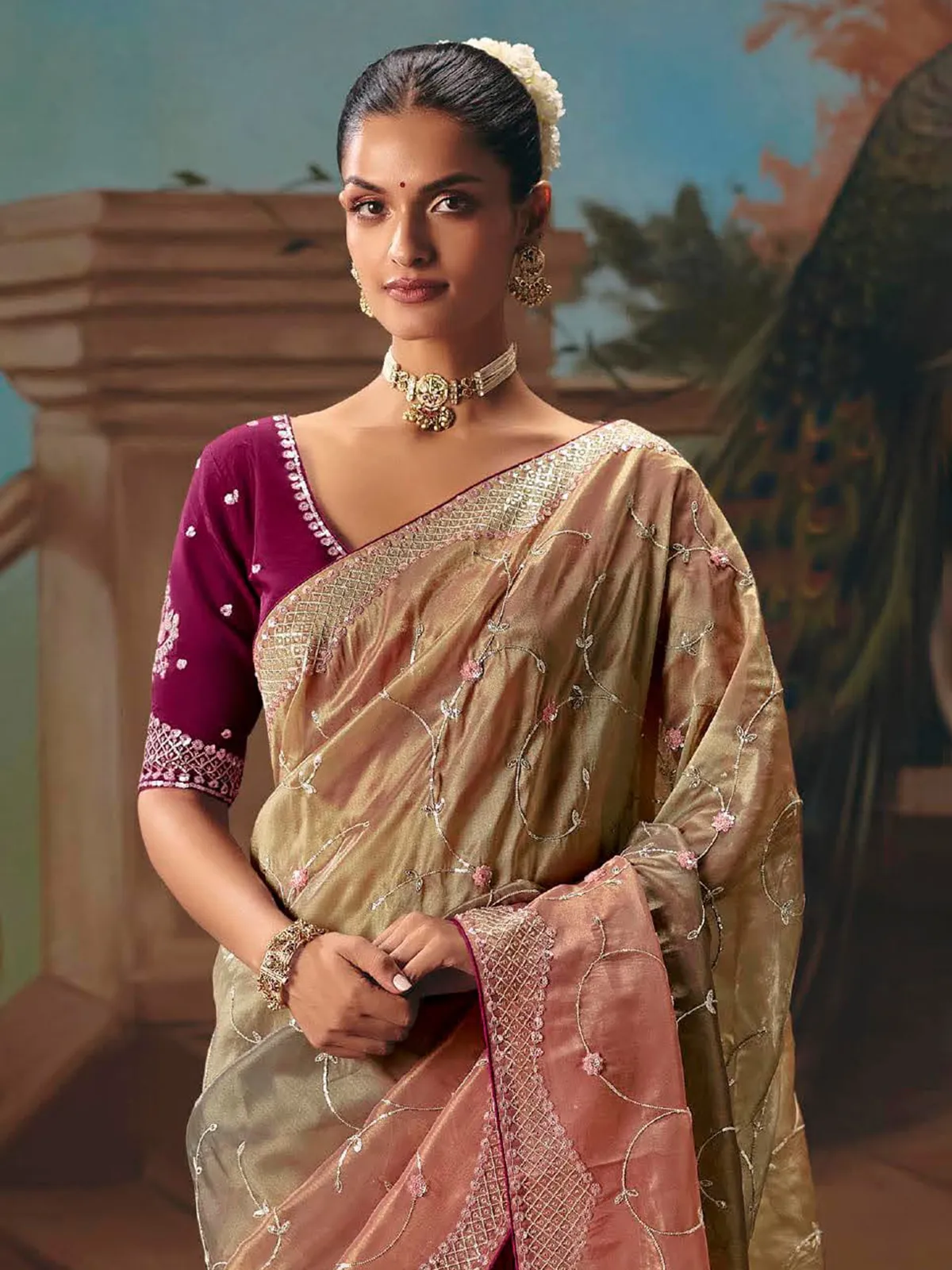 Multicolor shaded fancy tissue silk saree for women with unstitched blouse