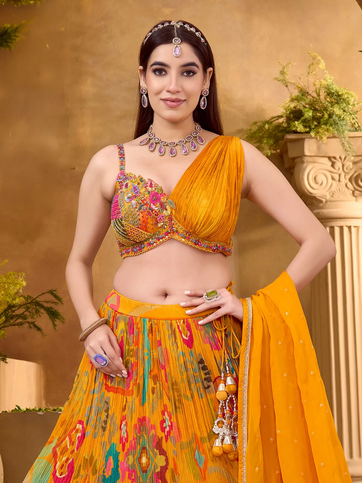 Mustard chiffon lehenga choli with designer embellished blouse