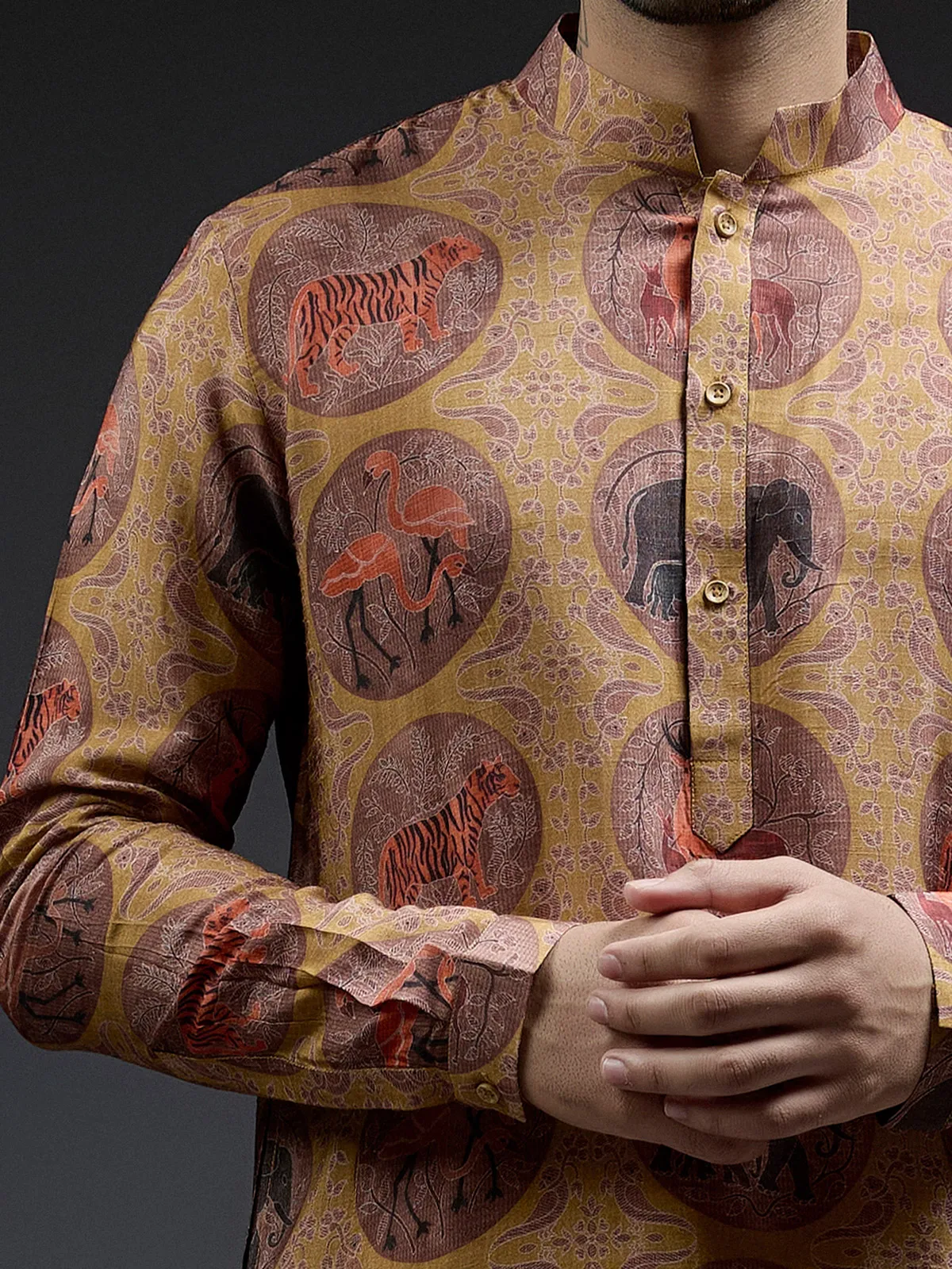 Mustard yellow and brown ajarakh printed silk kurta suit for men
