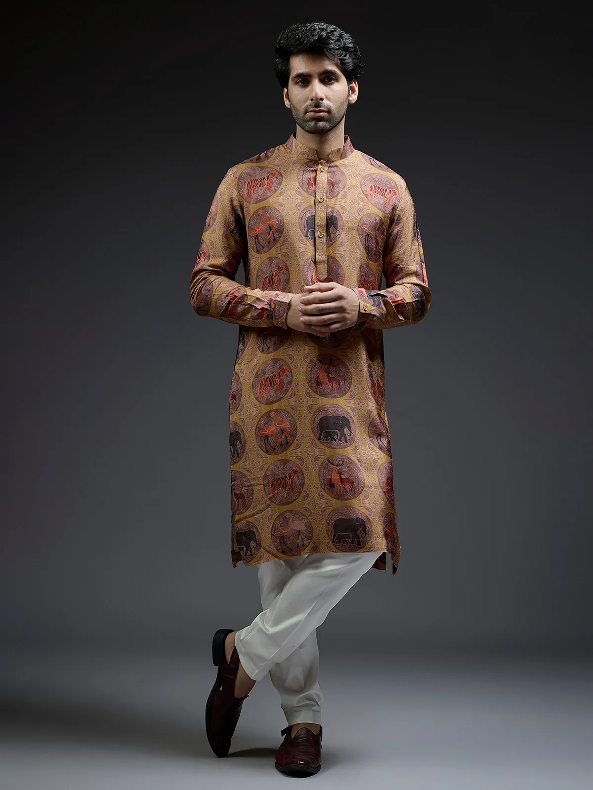 Mustard yellow and brown ajarakh printed silk kurta suit for men