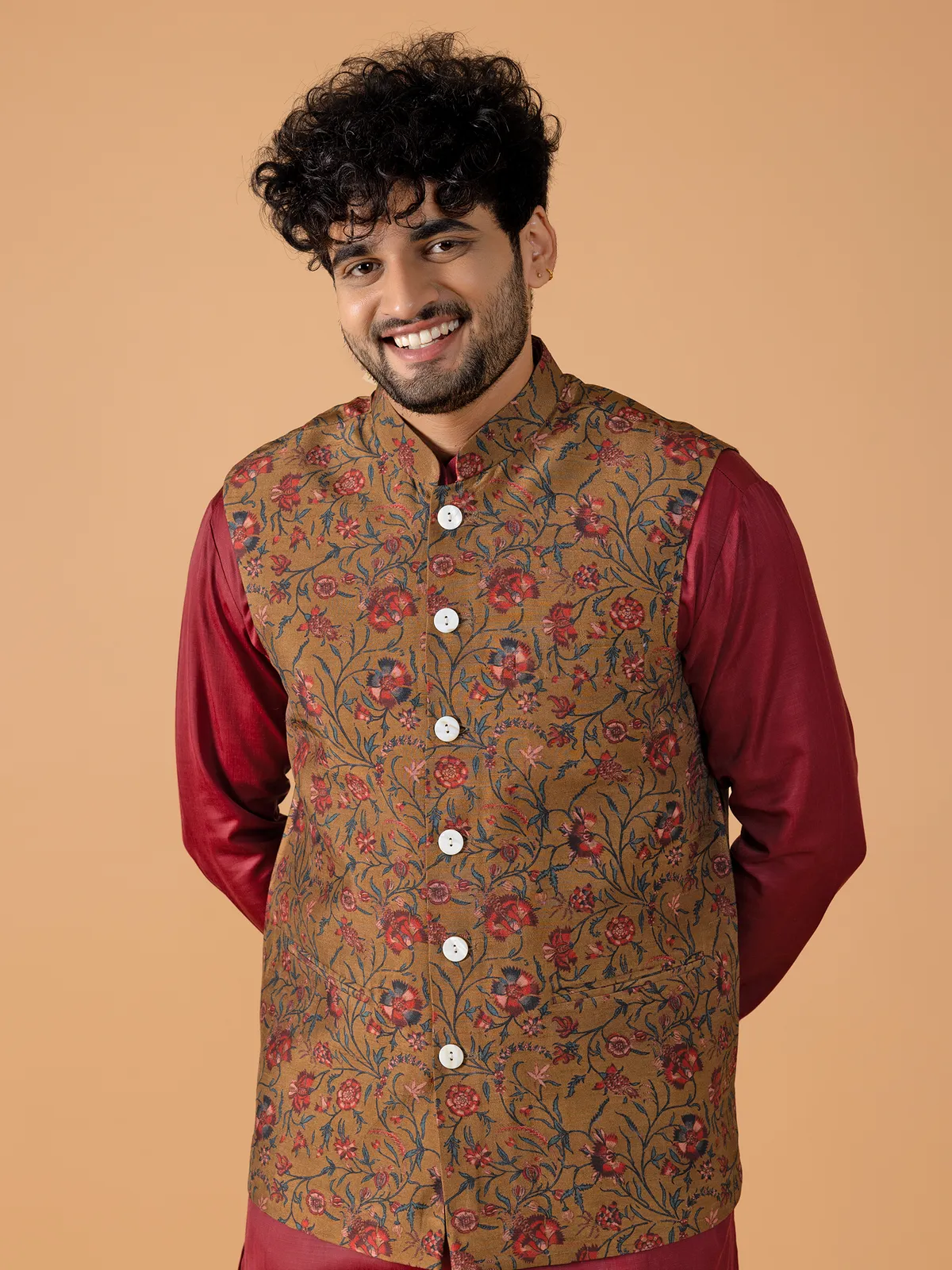 Mustard yellow and maroon silk waistcoat set