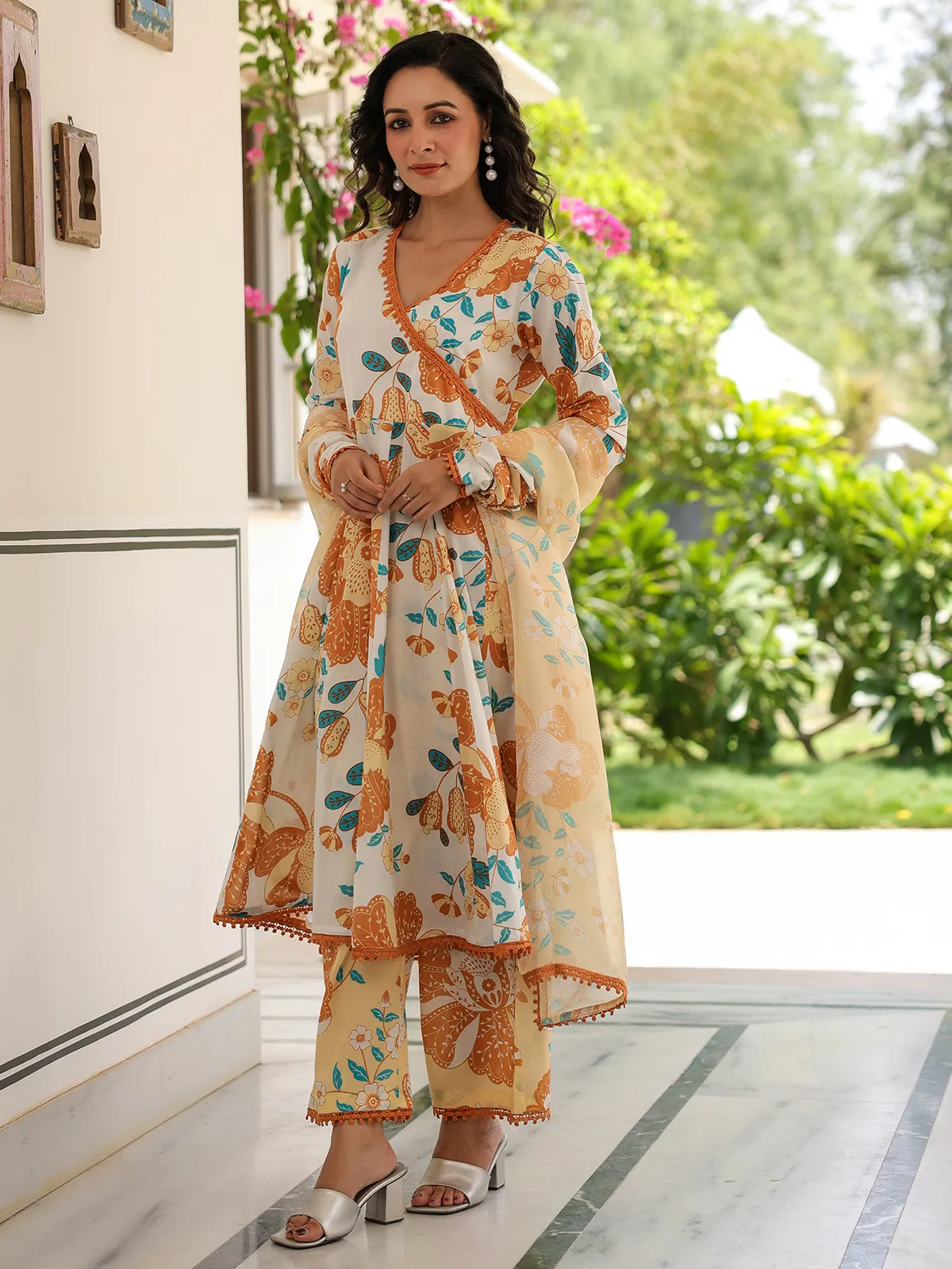 Mustard yellow and white printed kurti set