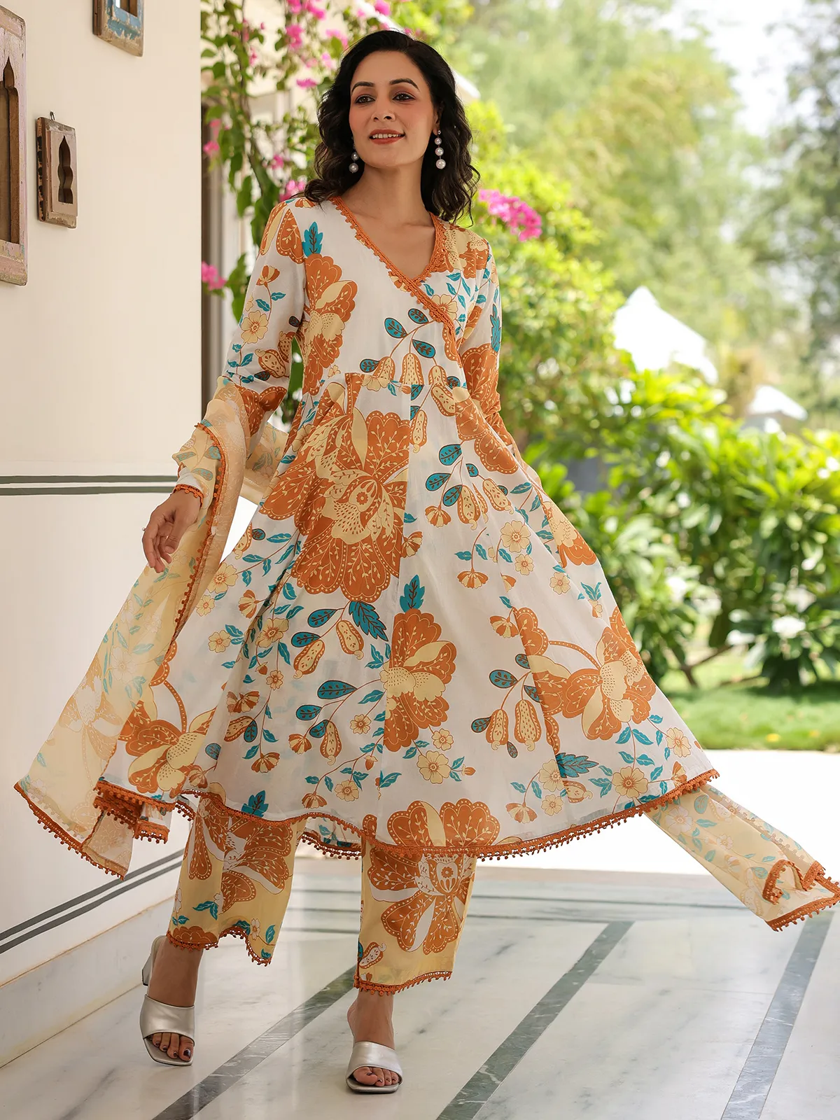 Mustard yellow and white printed kurti set