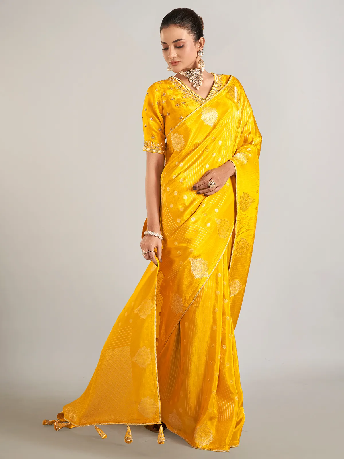 Mustard yellow banarasi silk wedding wear saree
