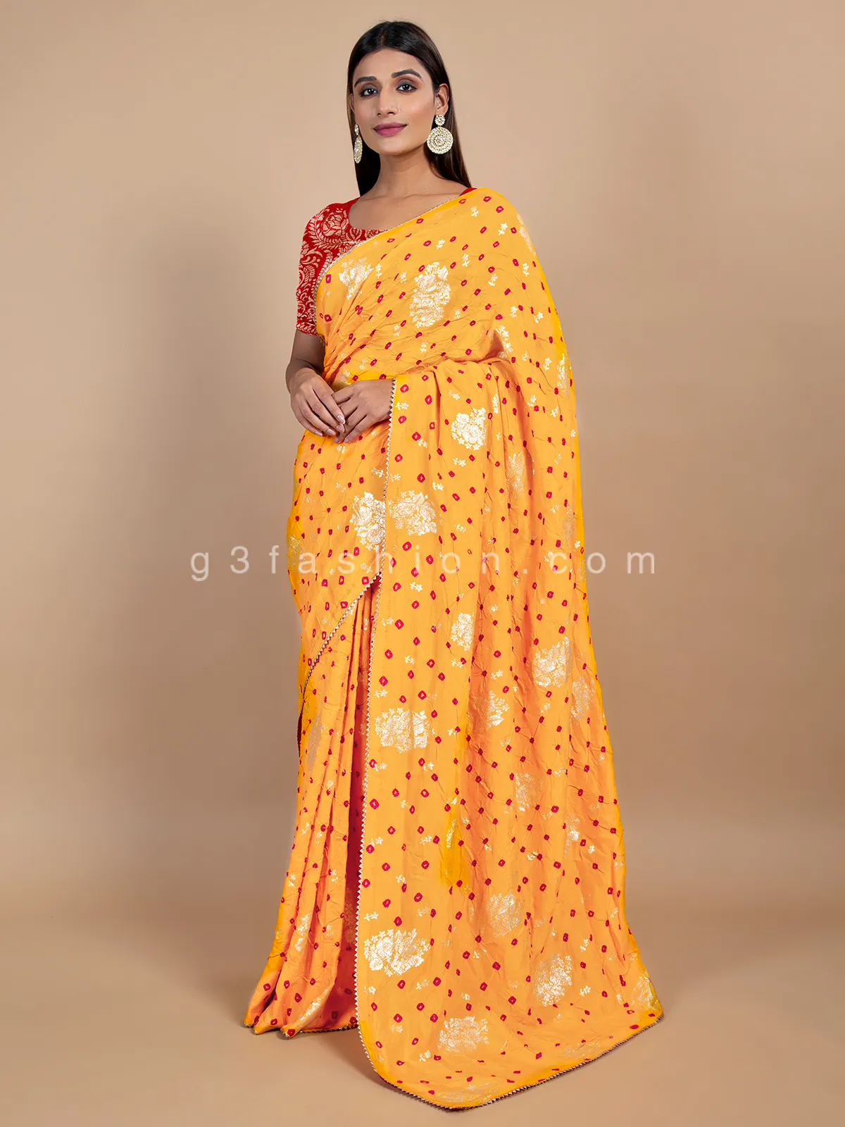 Mustard yellow bandhej wedding look saree