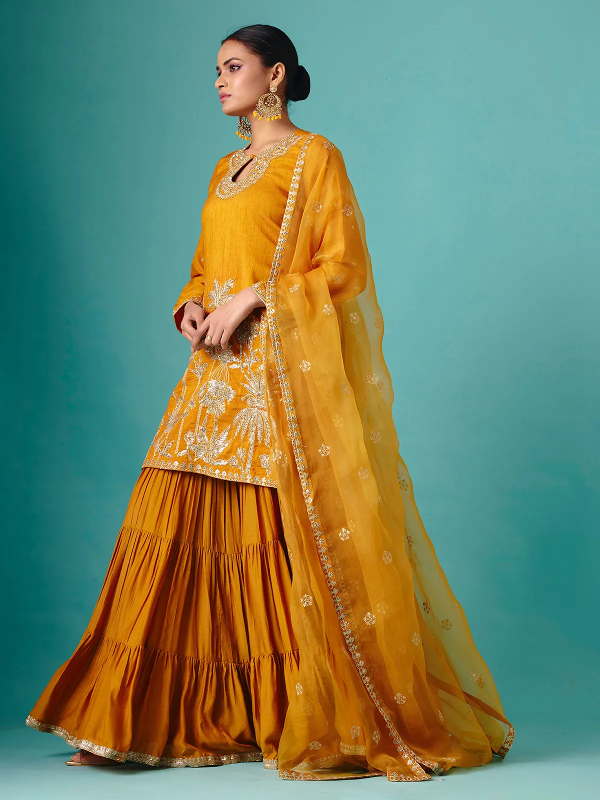 Mustard yellow chinon silk net flowy sharara suit