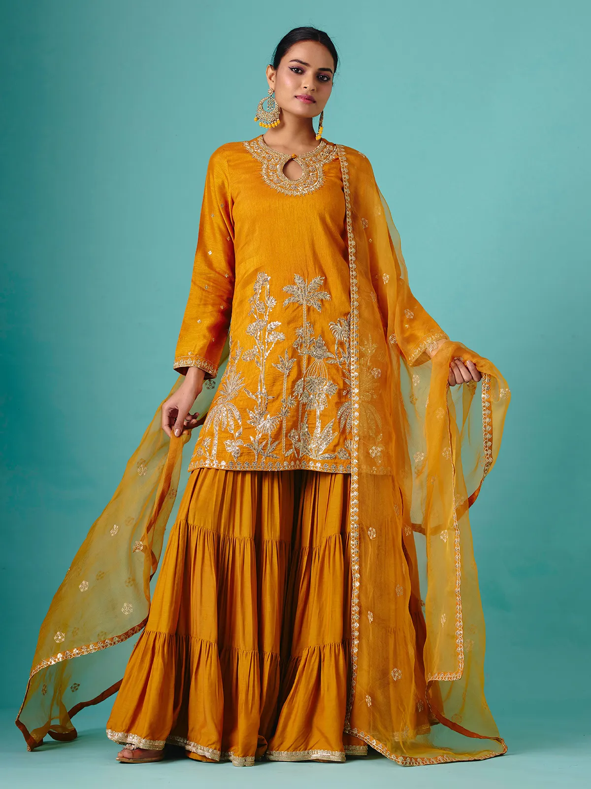 Mustard yellow chinon silk net flowy sharara suit