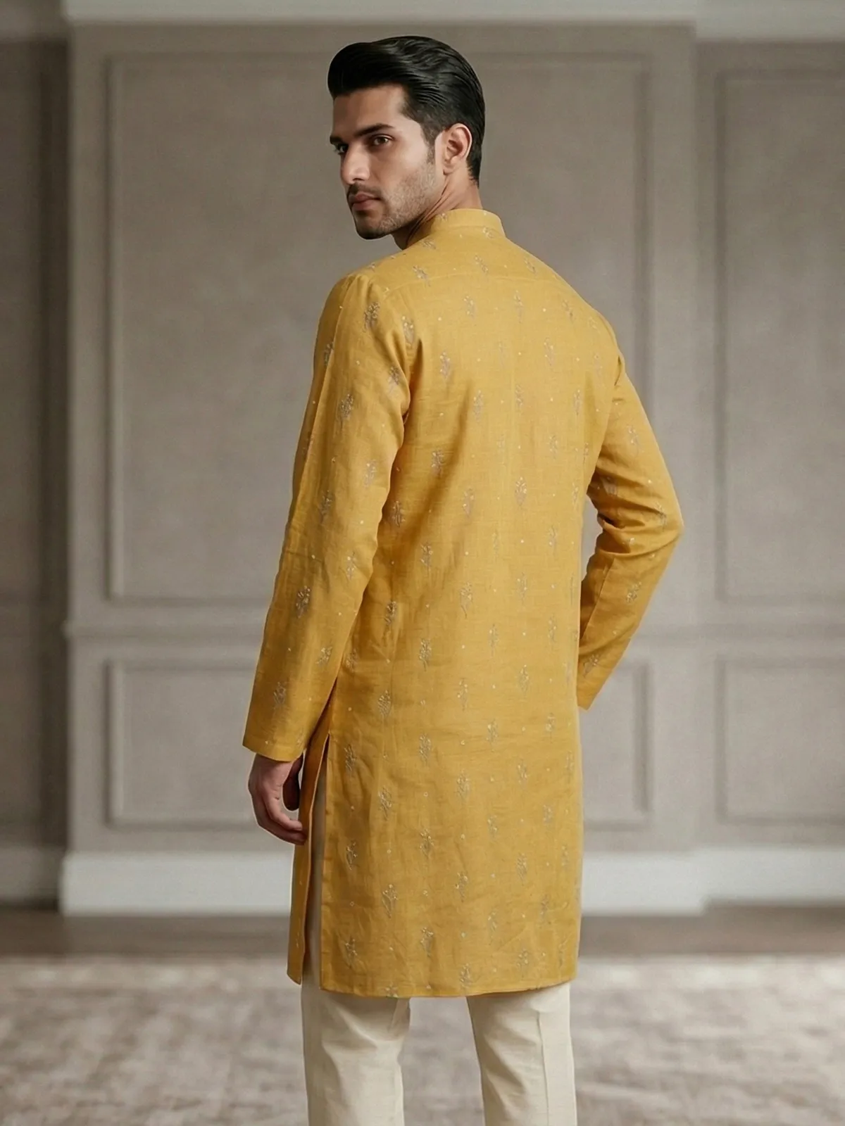 Mustard yellow cotton linen thread work festive kurta