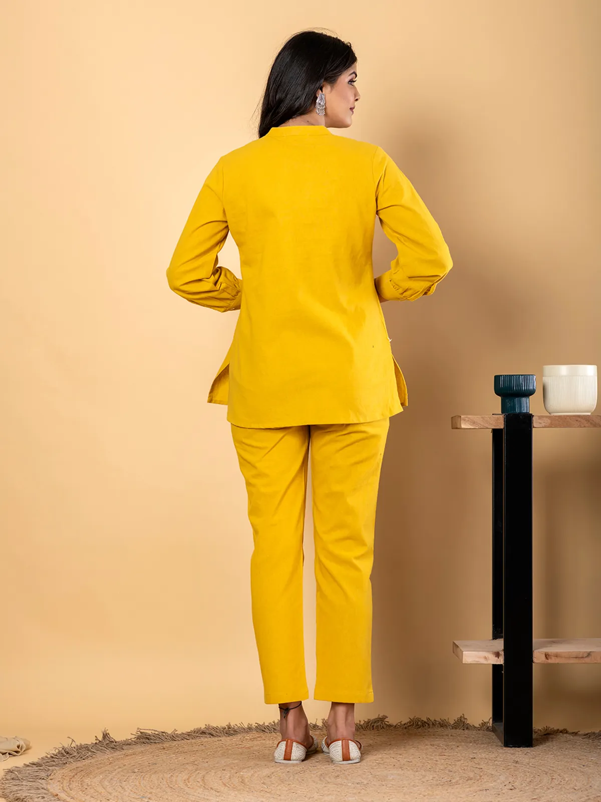 Mustard yellow cotton thread work casual co ord set