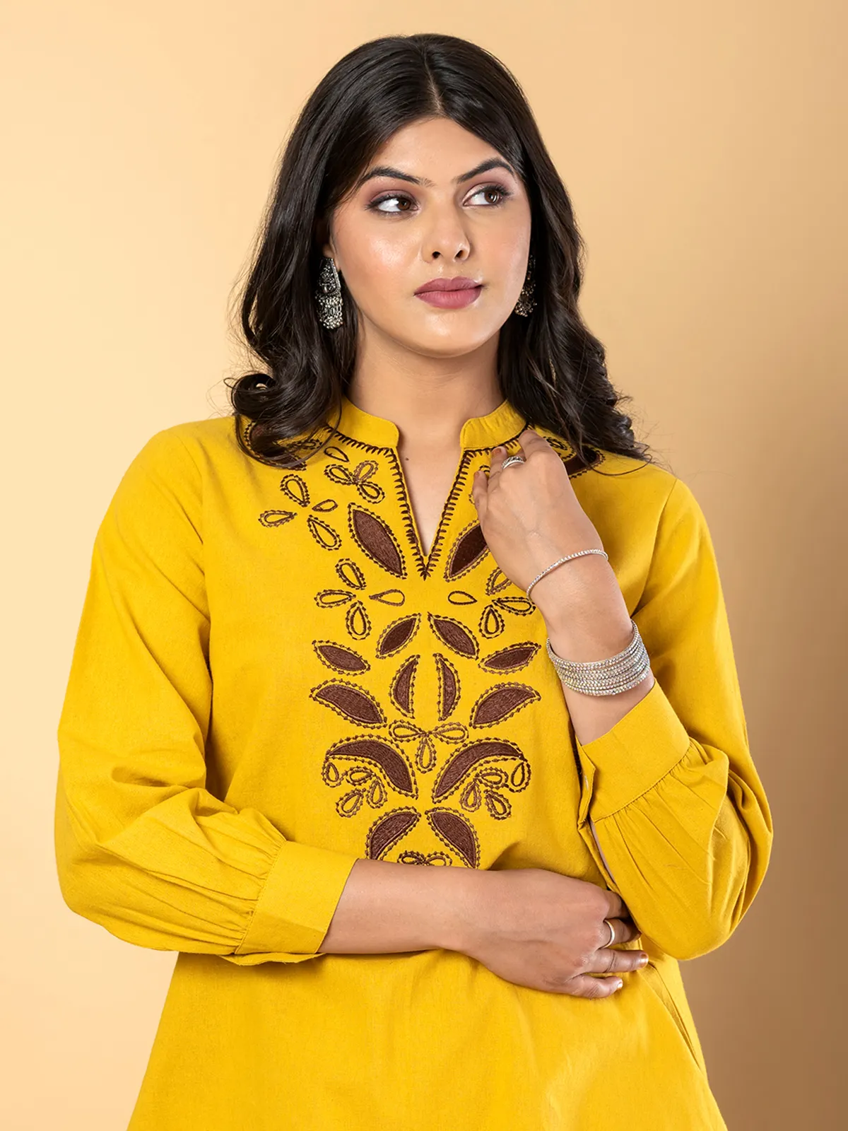 Mustard yellow cotton thread work casual co ord set