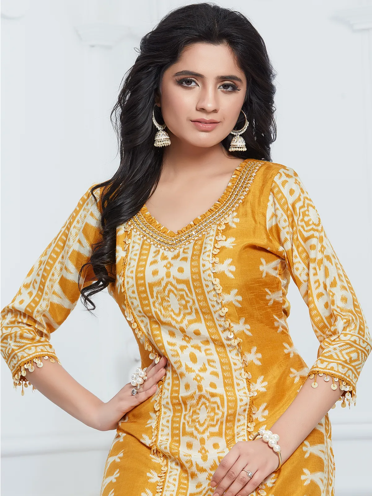 Mustard yellow dola silk a-line kurti