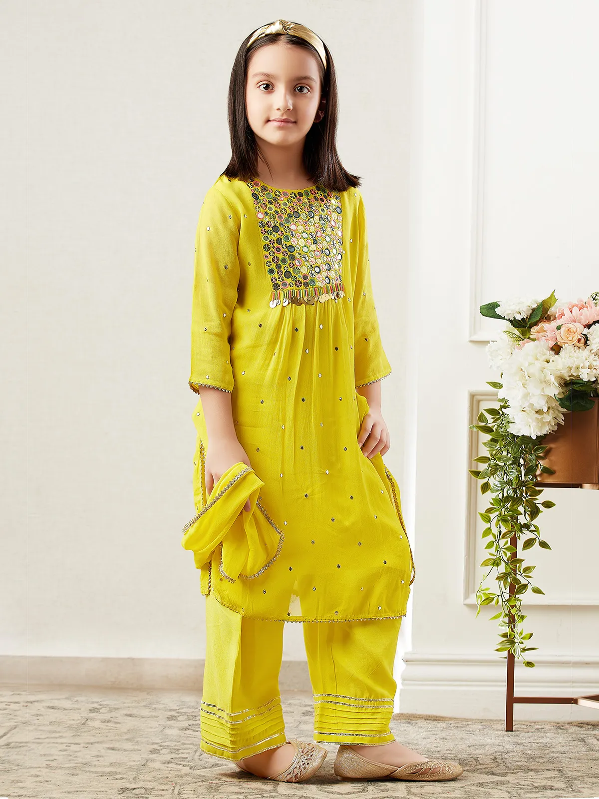 Mustard yellow georgette girls palazzo suit