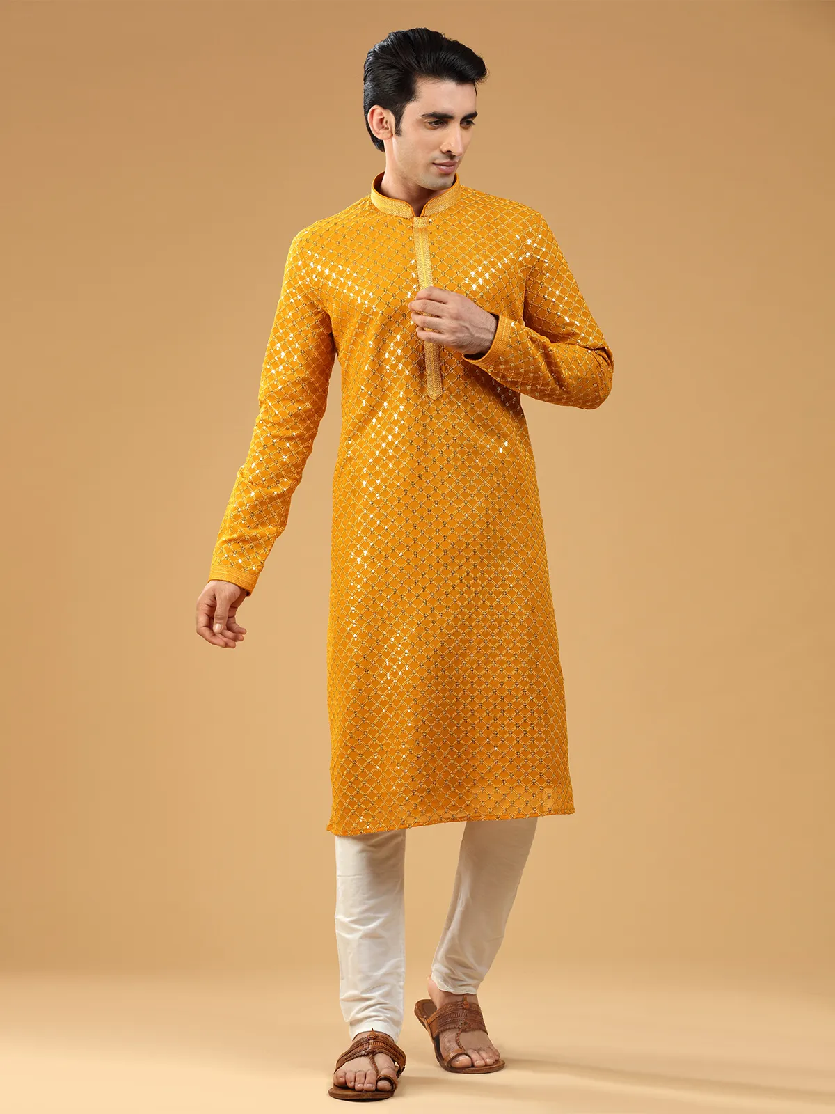 Mustard yellow georgette  Men Kurta pajama with sequins