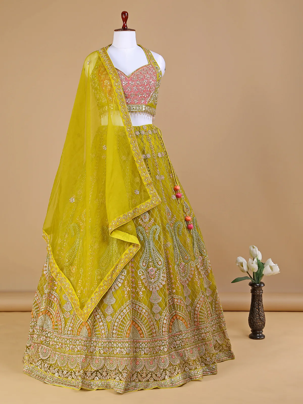 Mustard yellow net wedding lehenga choli