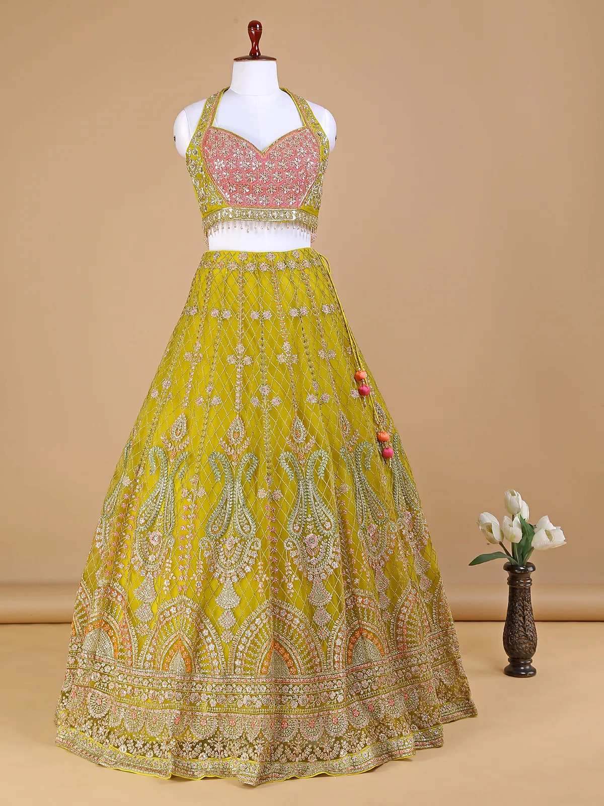 Mustard yellow net wedding lehenga choli